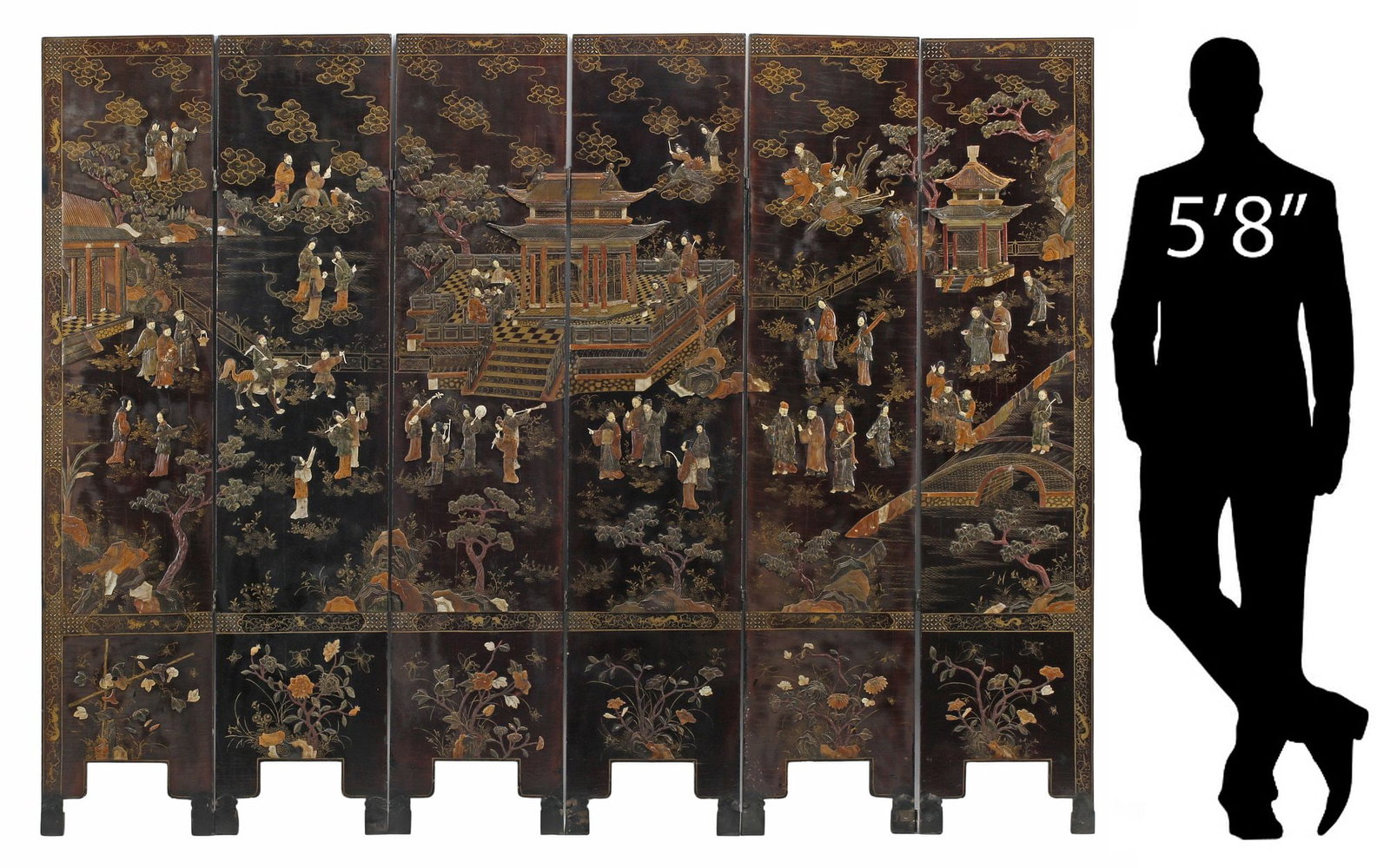 CHINESE INLAID & BLACK-LACQUERED 6-PANEL FOLDING FLOOR SCREEN, 68"H (1 of 7)