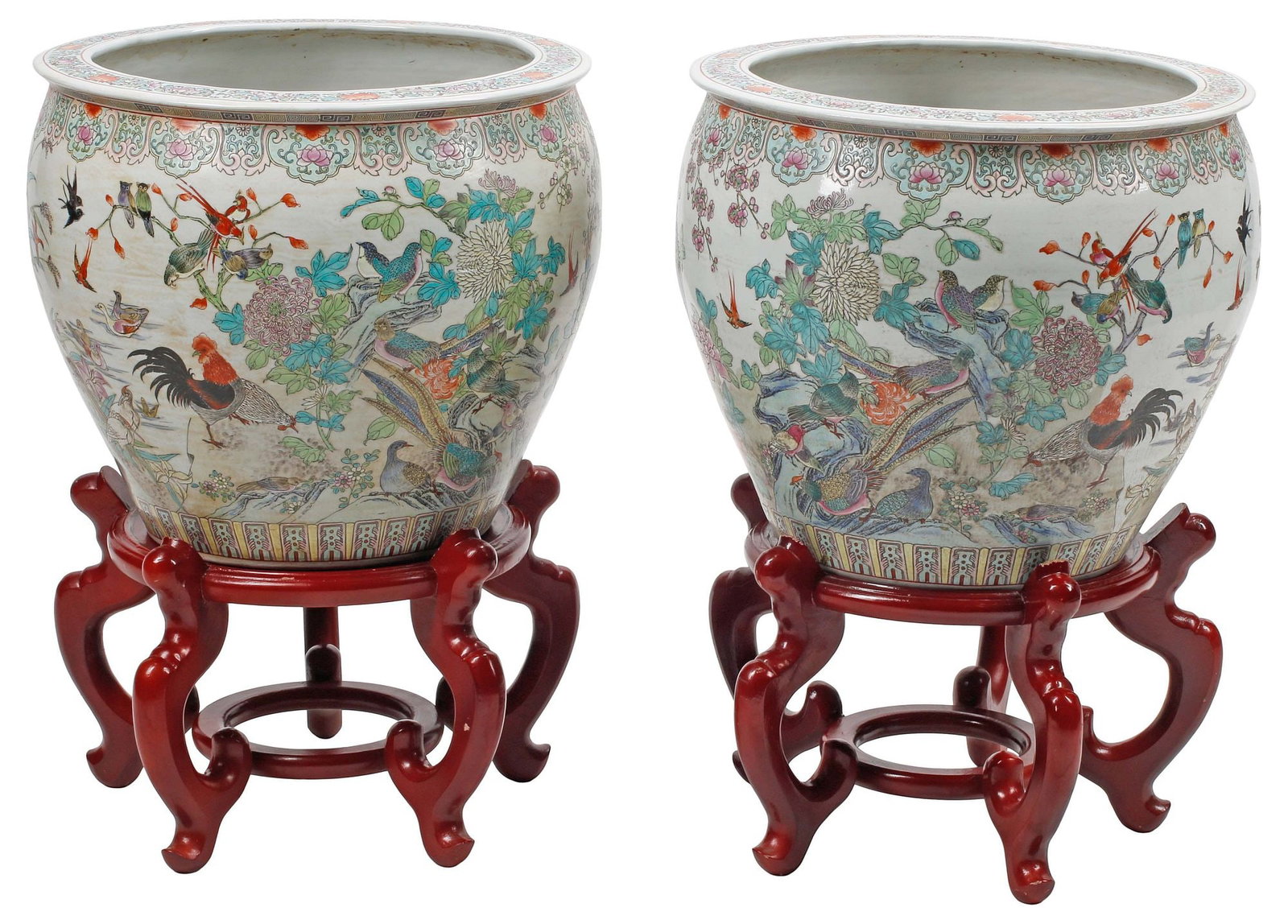 (2) CHINESE FAMILLE ROSE PORCELAIN FISH BOWLS ON WOOD STANDS (1 of 4)