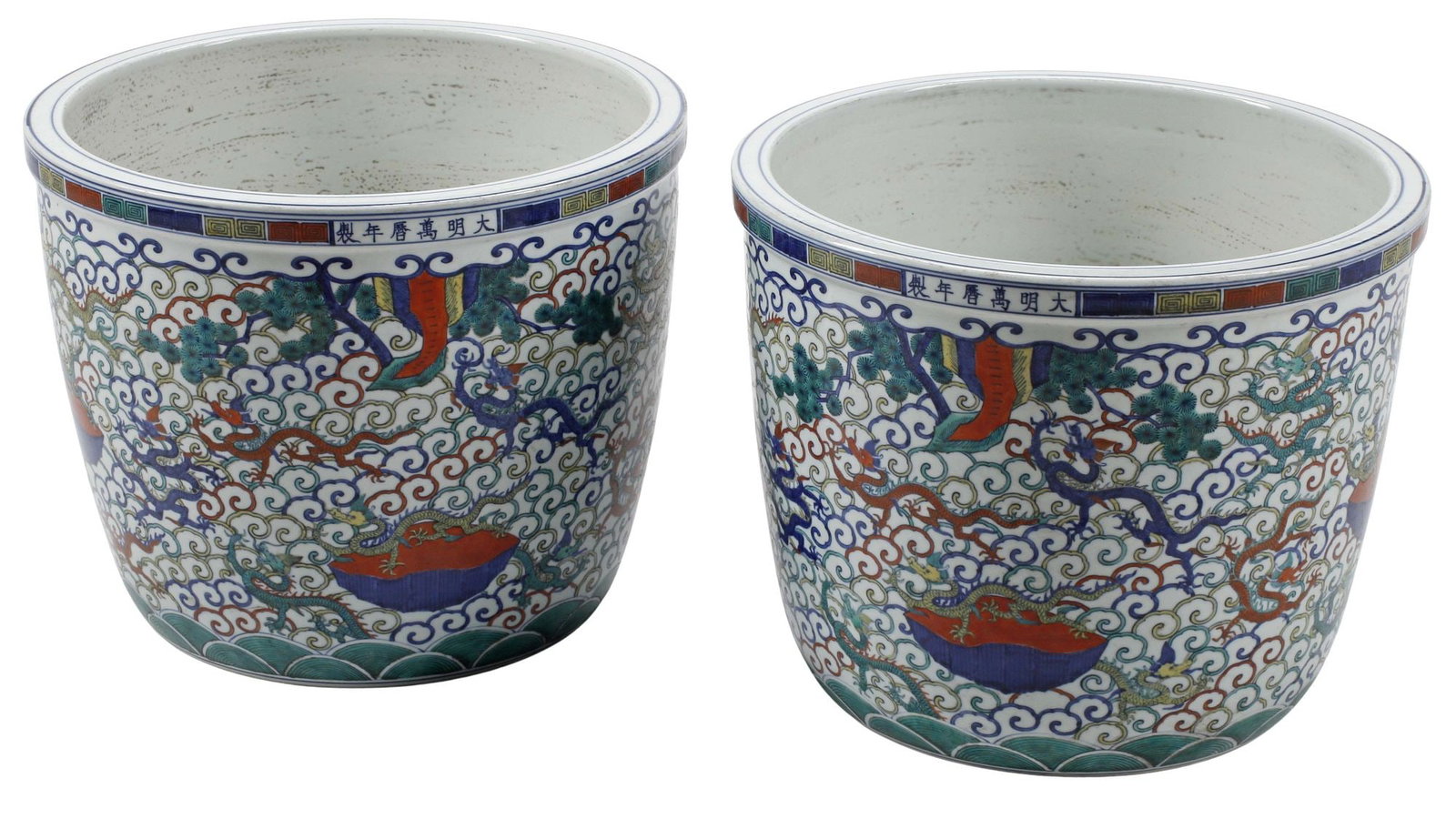 (2) CHINESE WUCAI PALETTE PORCELAIN JARDINIERES / PLANTERS (1 of 4)