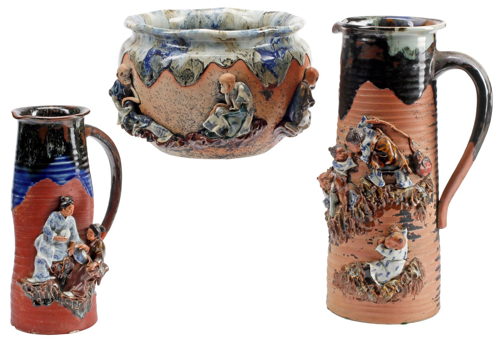 (3) LARGE JAPANESE SUMIDA GAWA EARTHENWARE PITCHERS & BOWL (1 of 7)