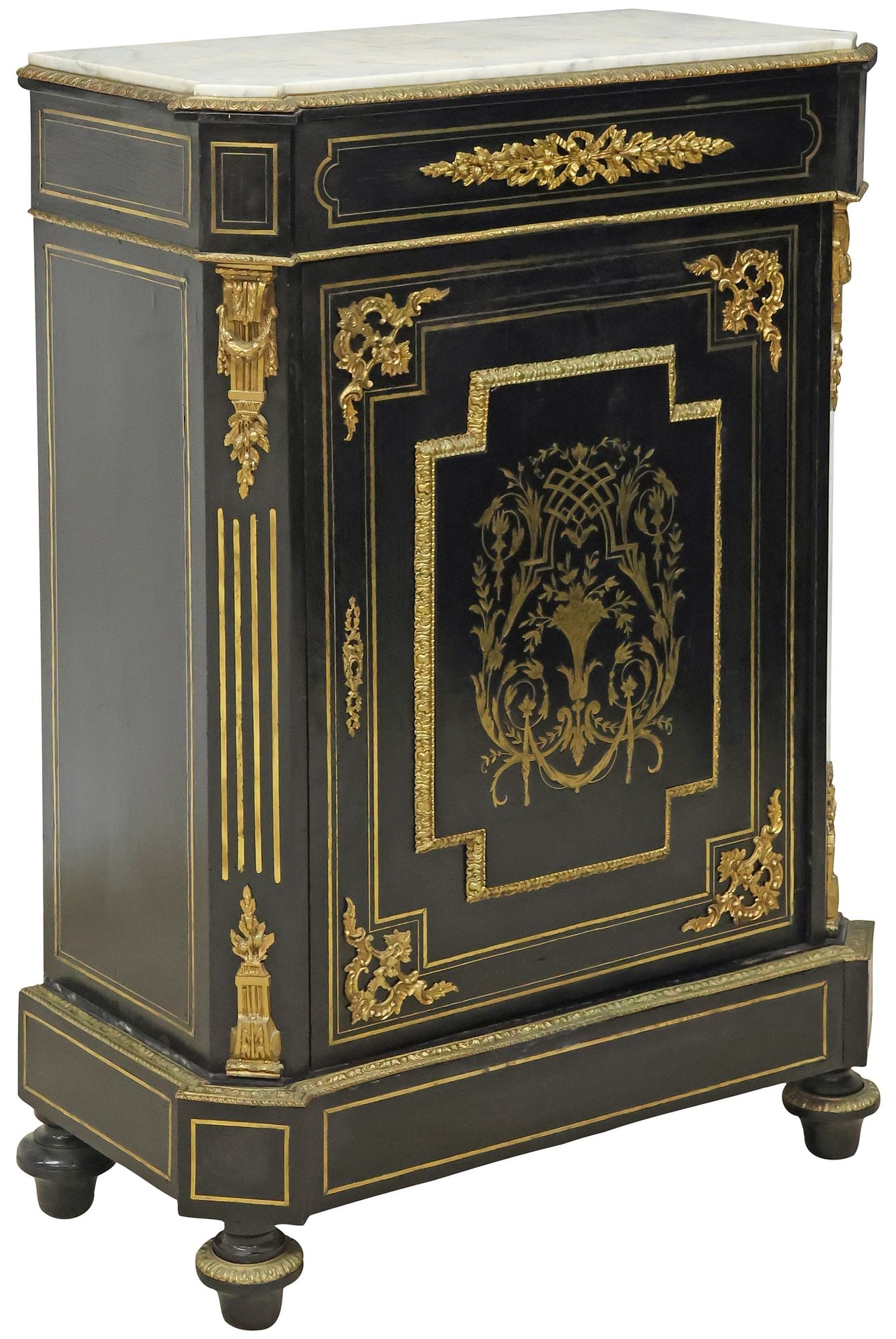 FRENCH NAPOLEON III PERIOD MARBLE-TOP BRASS-INLAID CABINET (1 of 5)
