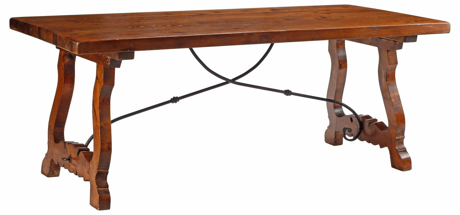 LARGE BAROQUE STYLE WALNUT OX YOKE TRESTLE DINING TABLE, 79"L (1 of 4)