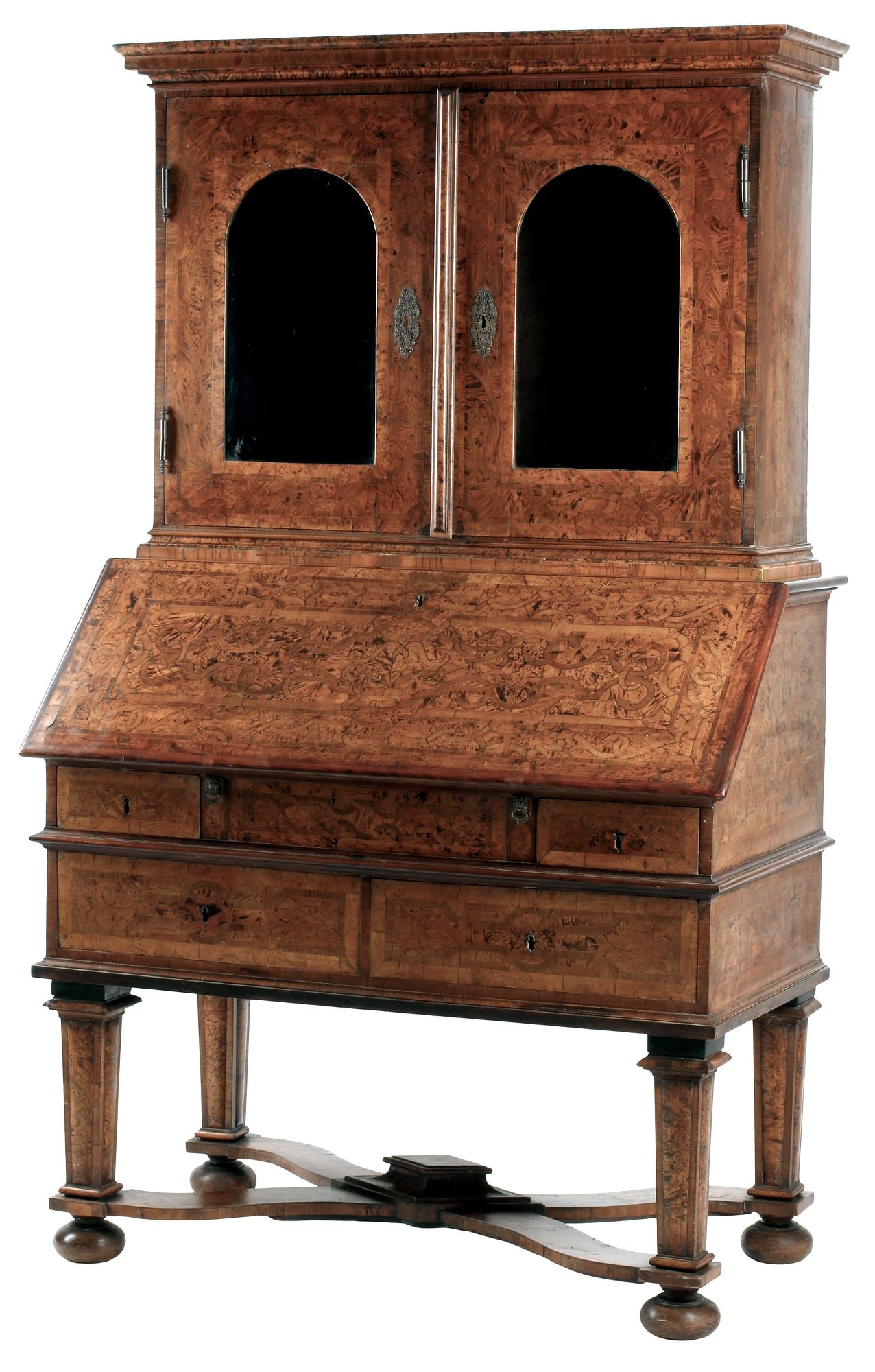 CONTINENTAL INLAID BURR WALNUT FALL-FRONT BUREAU BOOKCASE (1 of 9)