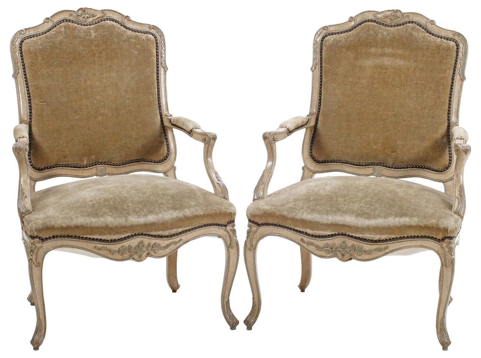 (2) LOUIS XV STYLE PAINTED & UPHOLSTERED ARMCHAIRS / FAUTEUILS (1 of 5)