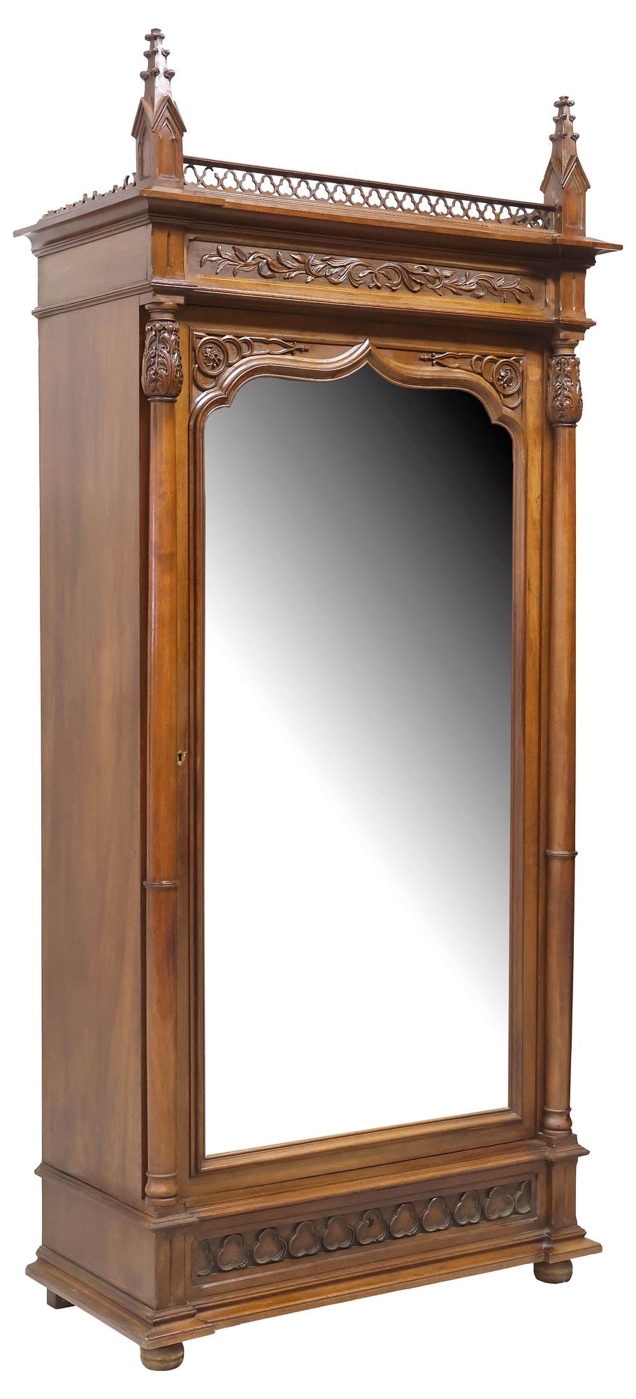 FRENCH GOTHIC REVIVAL CARVED WALNUT MIRRORED ARMOIRE (1 of 5)