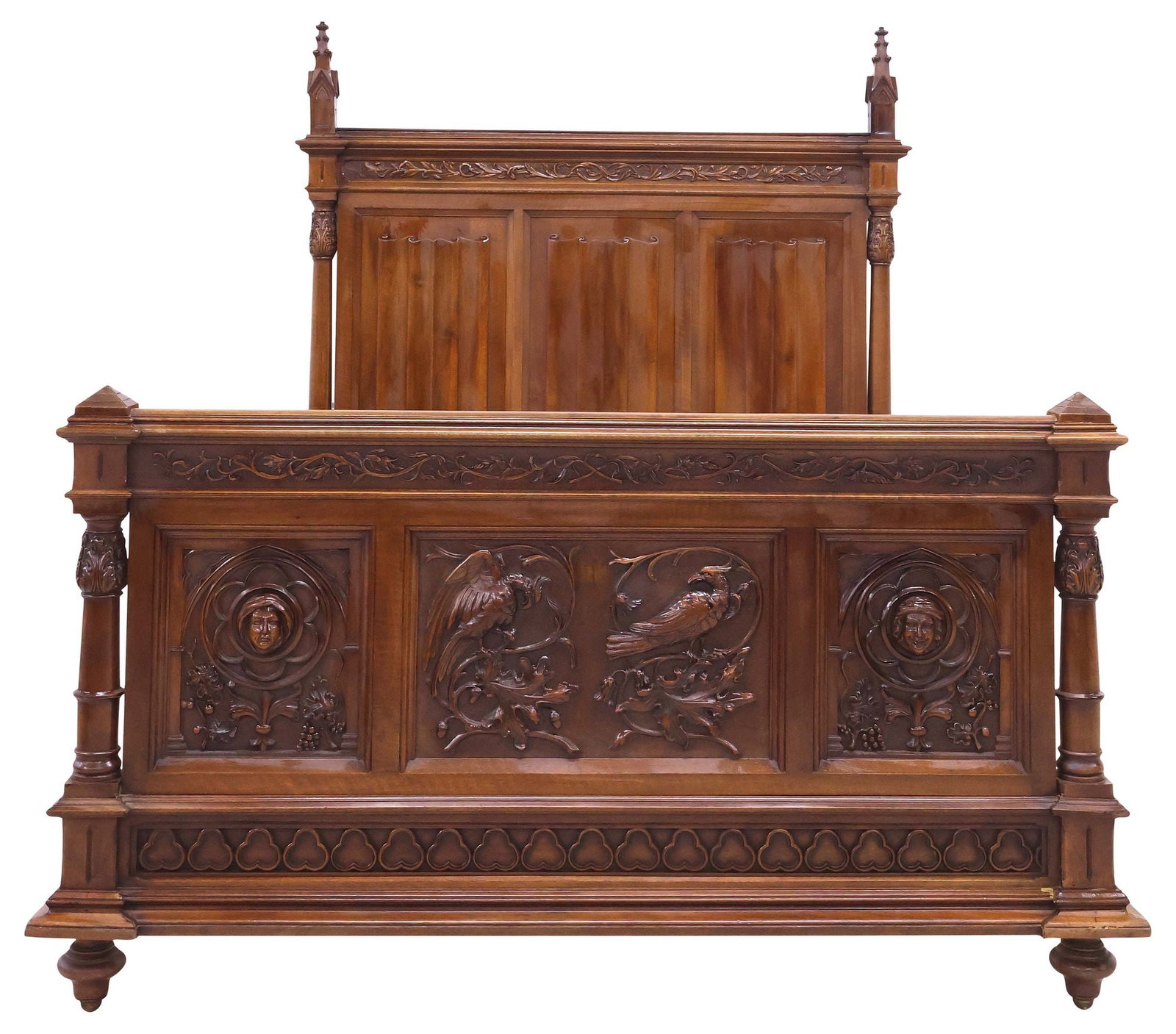 FRENCH GOTHIC REVIVAL CARVED WALNUT BED - 2