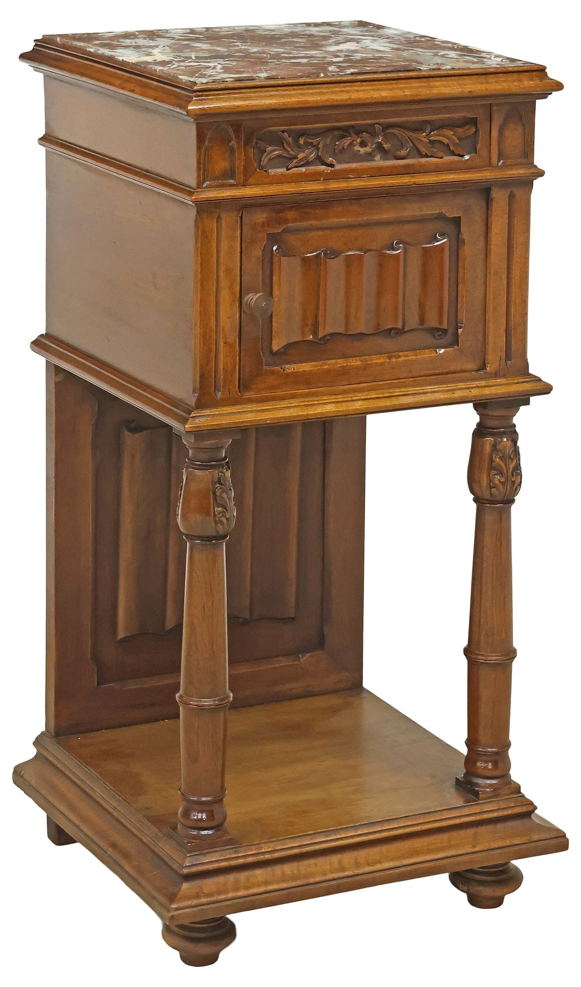 FRENCH GOTHIC REVIVAL MARBLE-TOP WALNUT NIGHTSTAND: French Gothic Revival carved walnut bedside cabinet, early 20th c., having inset marble top, above single drawer and cabinet door, with raised linenfold paneling, columnar supports ending on platform