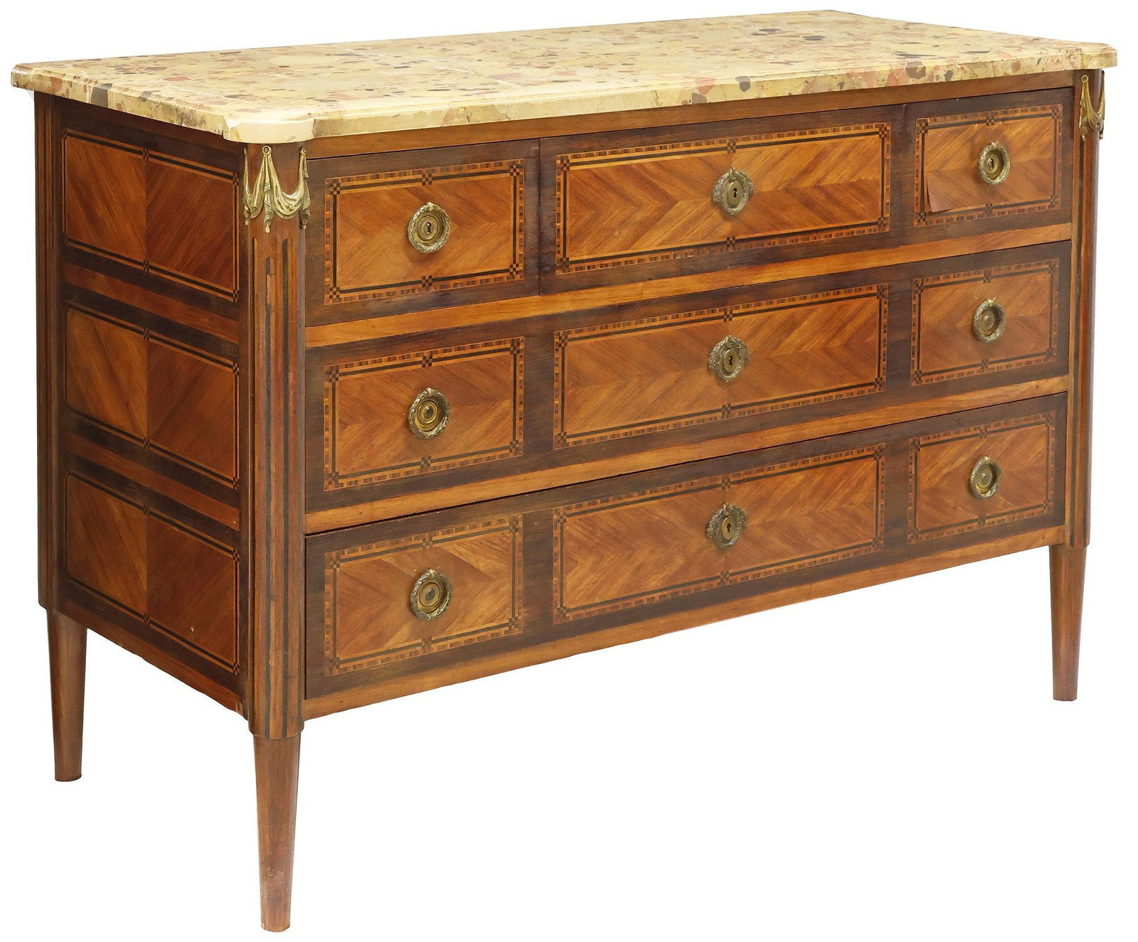 FRENCH NEOCLASSICAL STYLE MARBLE-TOP INLAID 3-DRAWER COMMODE (1 of 5)