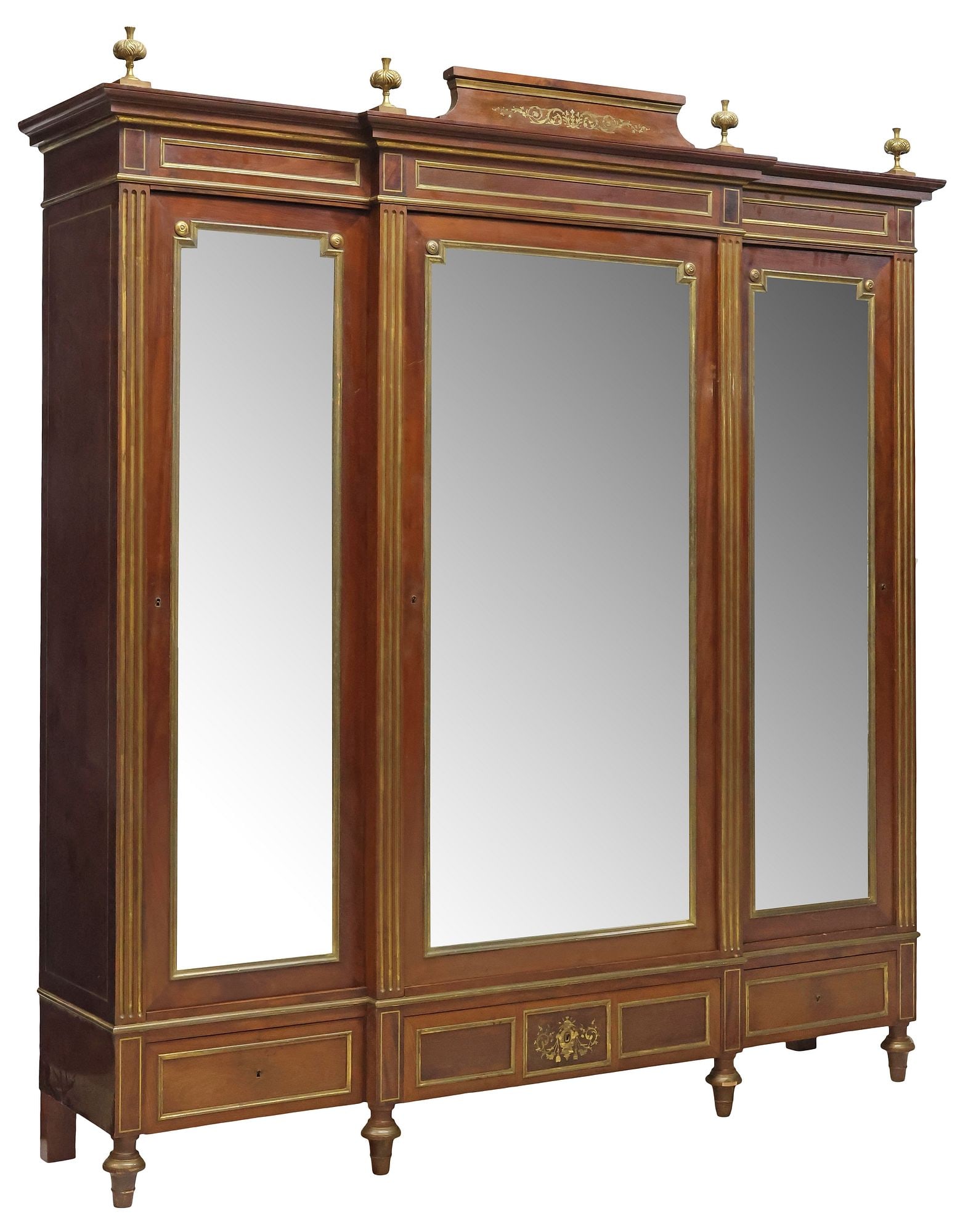 FRENCH LOUIS XVI STYLE BRASS-INLAID & MIRRORED MAHOGANY ARMOIRE (1 of 6)
