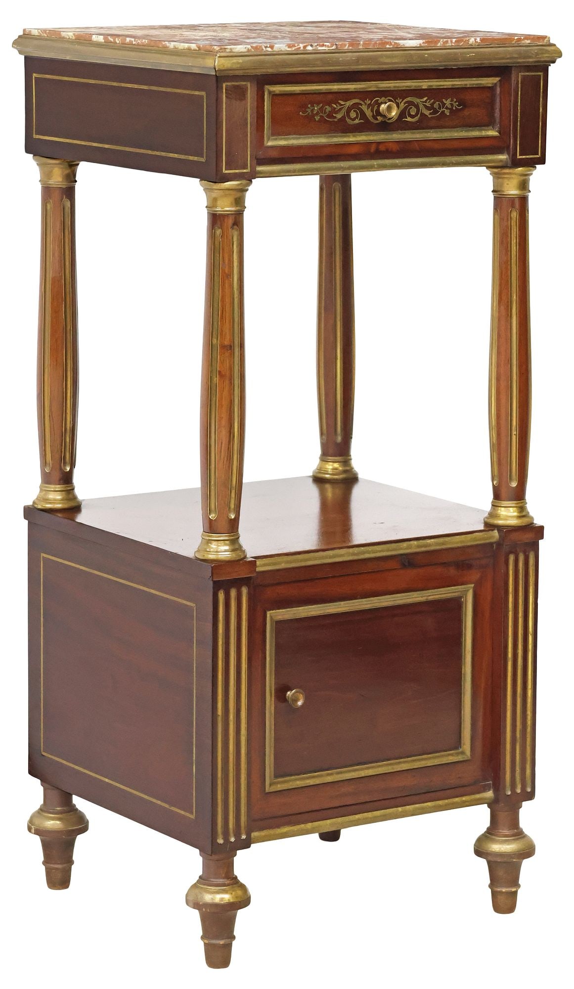 FRENCH LOUIS XVI STYLE MARBLE-TOP MAHOGANY BEDSIDE CABINET: French Louis XVI style mahogany nightstand, early 20th c., having rectangular marble top, above single drawer, and cabinet door opening to marble-lined compartment, rising on arrow feet, lacking