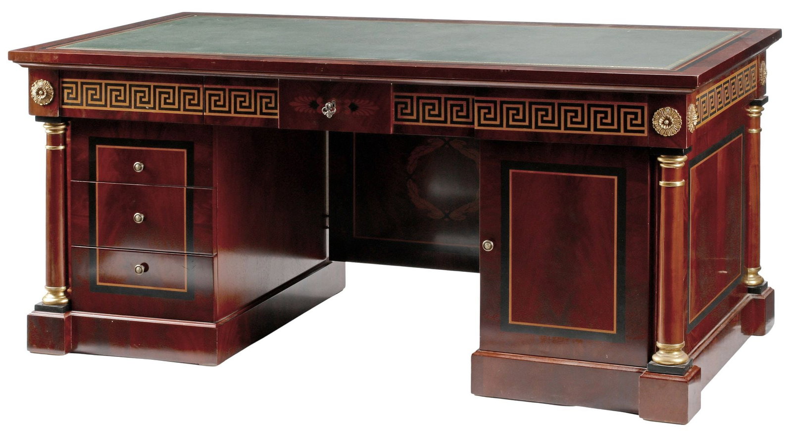 EMPIRE STYLE MAHOGANY DOUBLE-PEDESTAL EXECUTIVE DESK: Empire style mahogany double-pedestal executive desk, finished on all sides, rectangular top with inset leather writing surface, over meander-painted apron, three drawers and cabinet door, flanked by