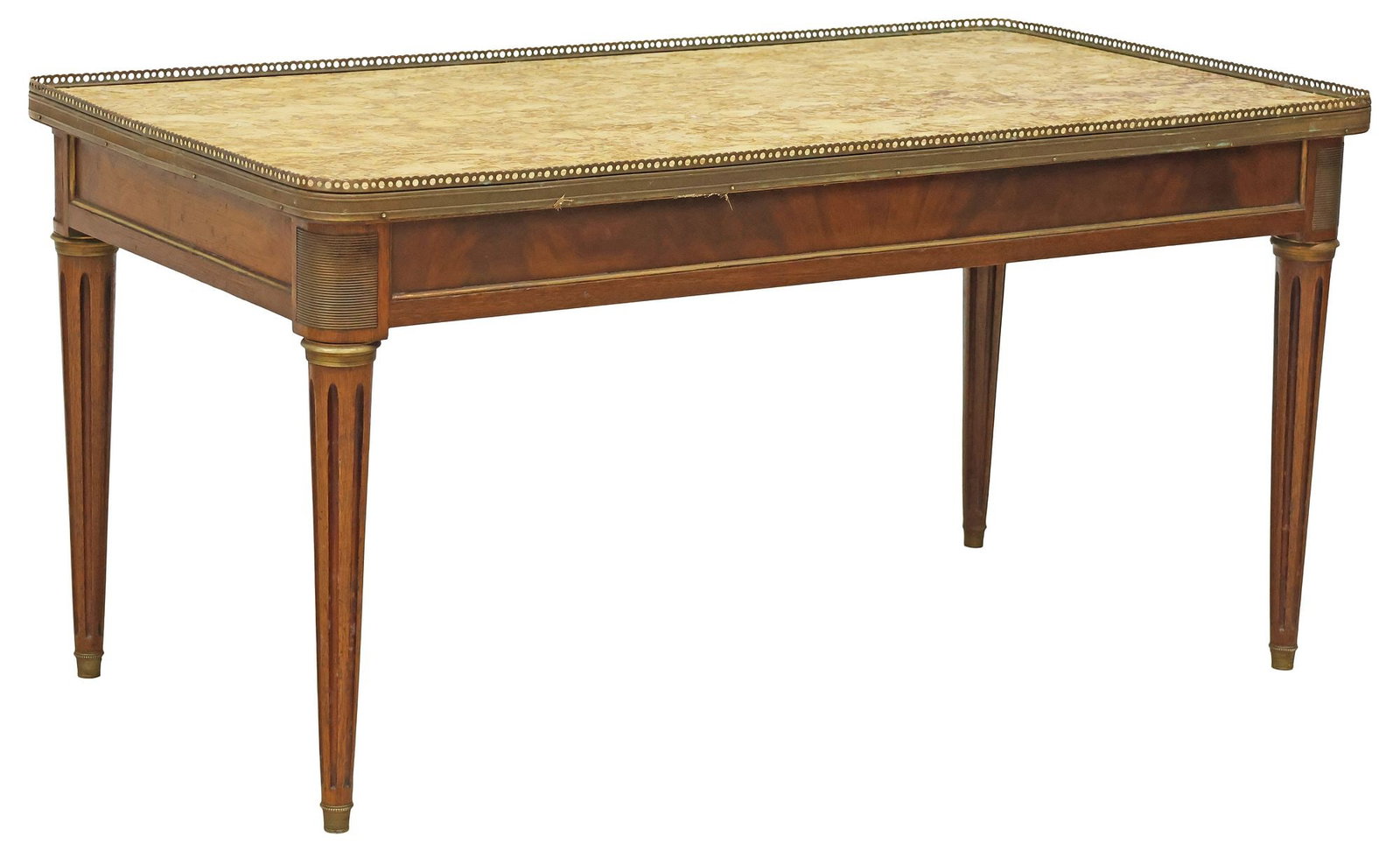 FRENCH LOUIS XVI STYLE MARBLE-TOP MAHOGANY COFFEE TABLE: French Louis XVI style mahogany coffee table, early 20th c., having inset marble top with pierced gilt metal gallery, rising on fluted tapering legs, ending on brass cap feet, marble intact with hairl