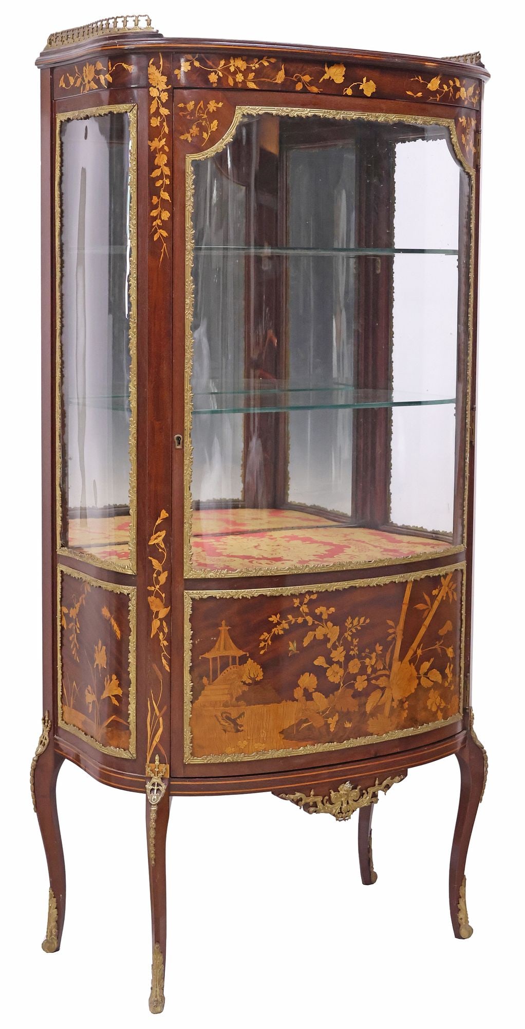 FRENCH TRANSITIONAL STYLE MARQUETRY-INLAID VITRINE CABINET: French Transitional style inlaid display cabinet/ vitrine, 19th c., having spindled three-quarter gallery, above glazed case with chinoiserie floral marquetry motifs, illuminated interior with glass