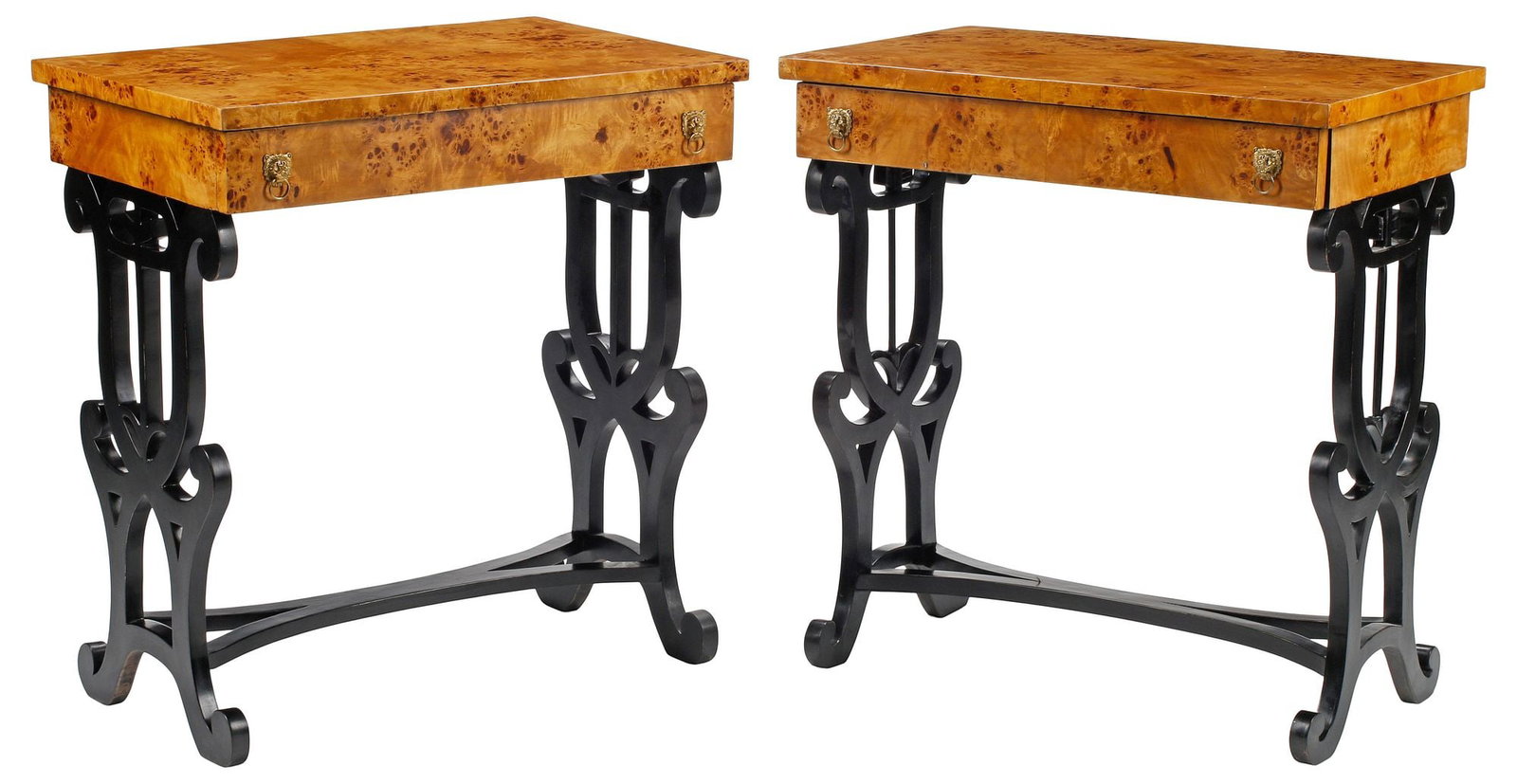 (2) CHARLES X STYLE PARCEL-EBONIZED BURLWOOD SIDE TABLES: (pair) Charles X style burlwood side tables, each fitted with single drawer, on an ebonized curule base, approx 30"h, 28"w, 18"d