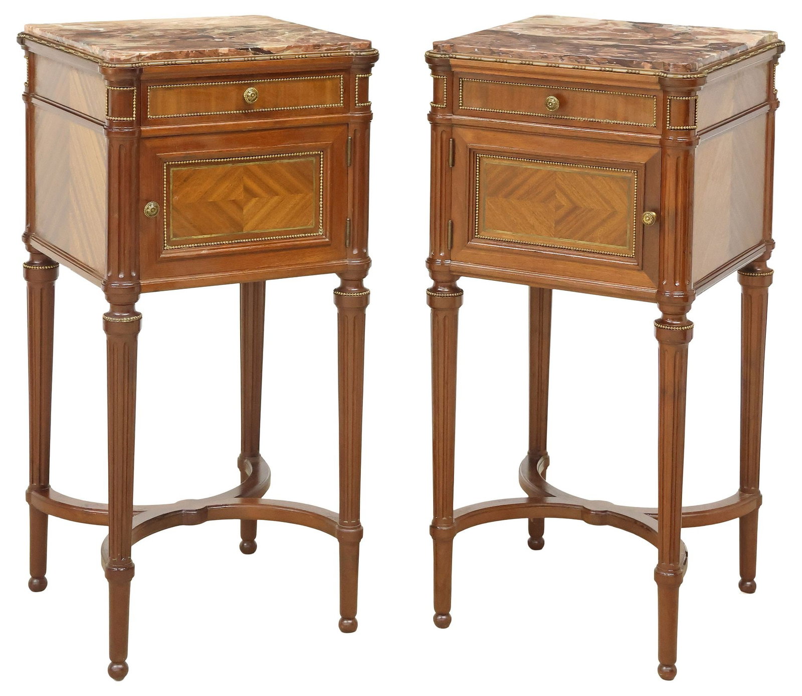 (2) FRENCH LOUIS XVI STYLE MARBLE-TOP MATCHED VENEER BEDSIDE CABINETS (1 of 6)
