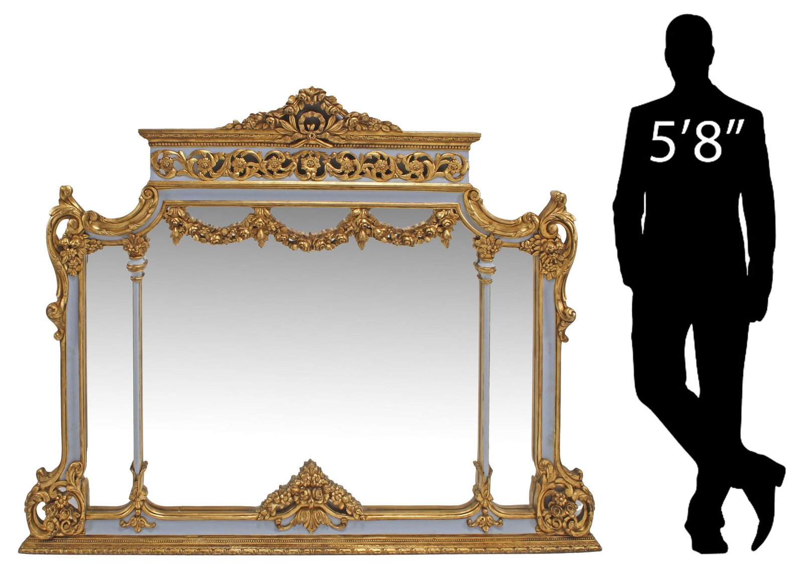 LOUIS XVI STYLE PARCEL-GILT & PAINTED OVERMANTEL MIRROR, 71"L: Louis XVI style parcel-gilt and paint-decorated carved wood mirror, molded cornice above rinceau scrollwork frieze, shaped mirror plate draped with floral swags, encasing flat mirror plate, approx
