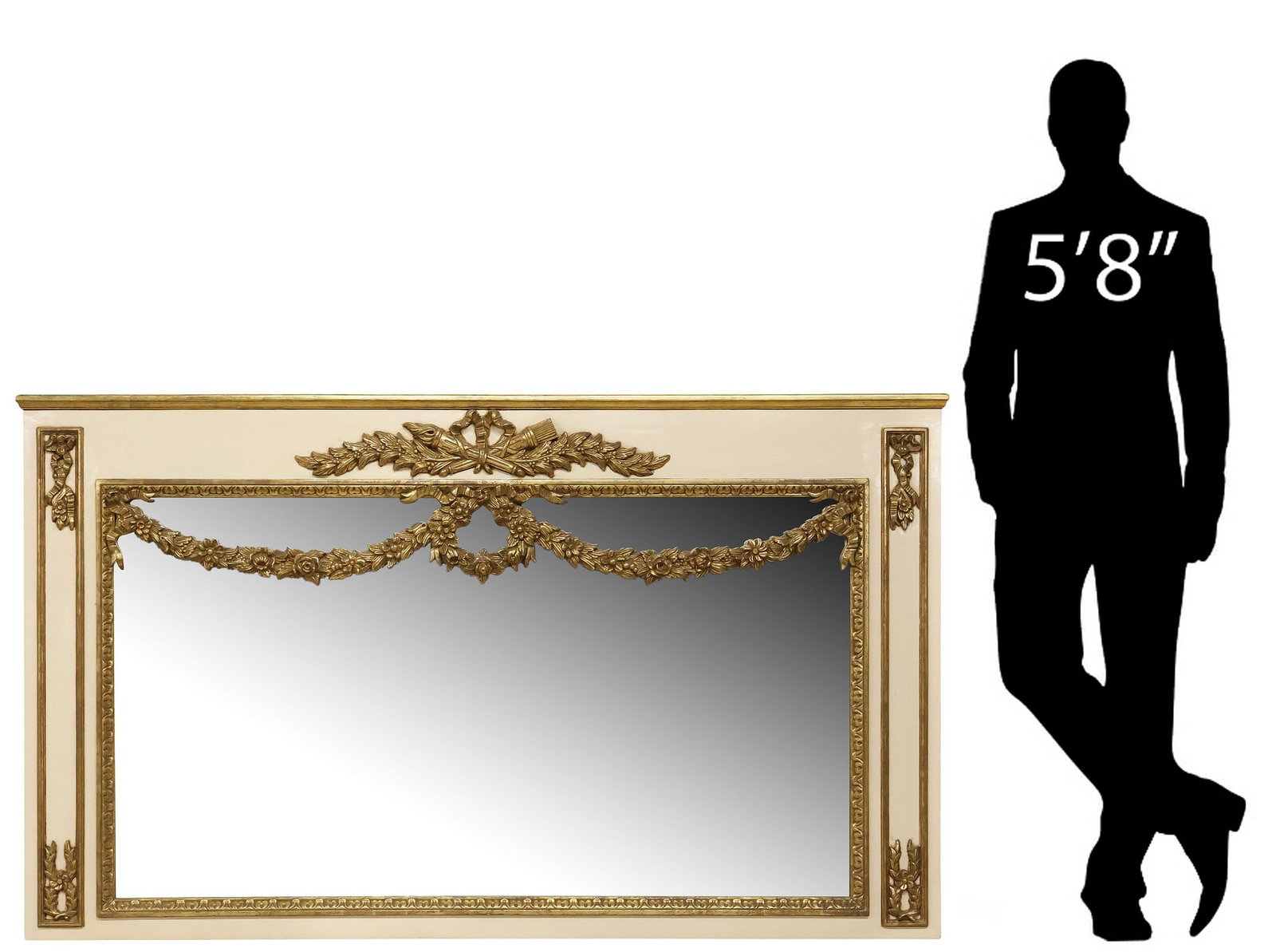 FRENCH LOUIS XVI STYLE PARCEL-GILT OVERMANTEL MIRROR, 79" X 46.5": Large Louis XVI style parcel-gilt overmantel mirror, early 20th c., having crossed torch and quiver of arrows, above molded rectangular frame with draped floral swag, paint-decorated in an off-white