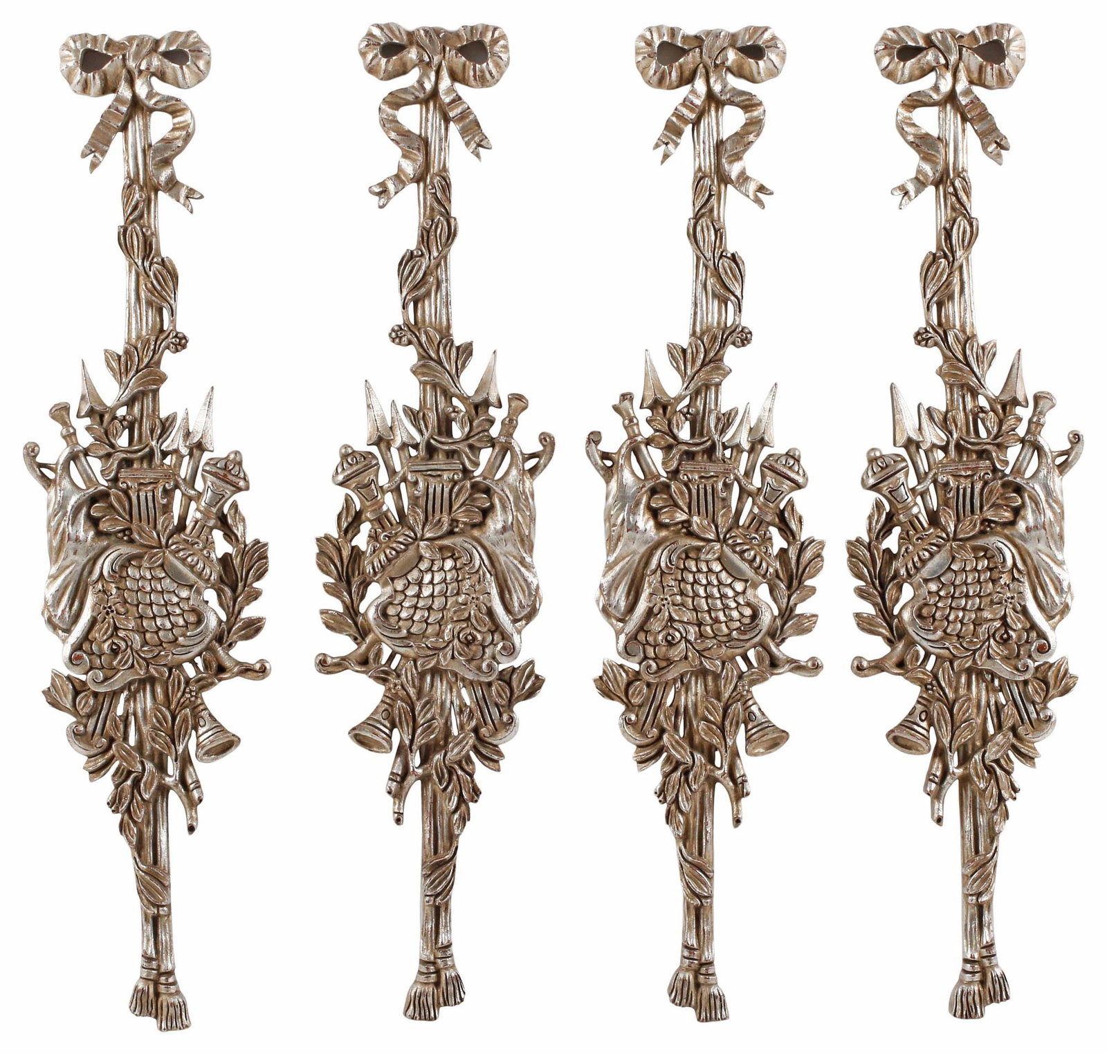 (4) LARGE LOUIS XVI STYLE SILVER-GILT WALL TROPHIES, 43"H: (lot of 4) Large Louis XVI style silver-gilt carved wood wall trophies, each having ribbon crest, over instruments, crossed arrows, and foliate motifs, approx 43"h, 11"w