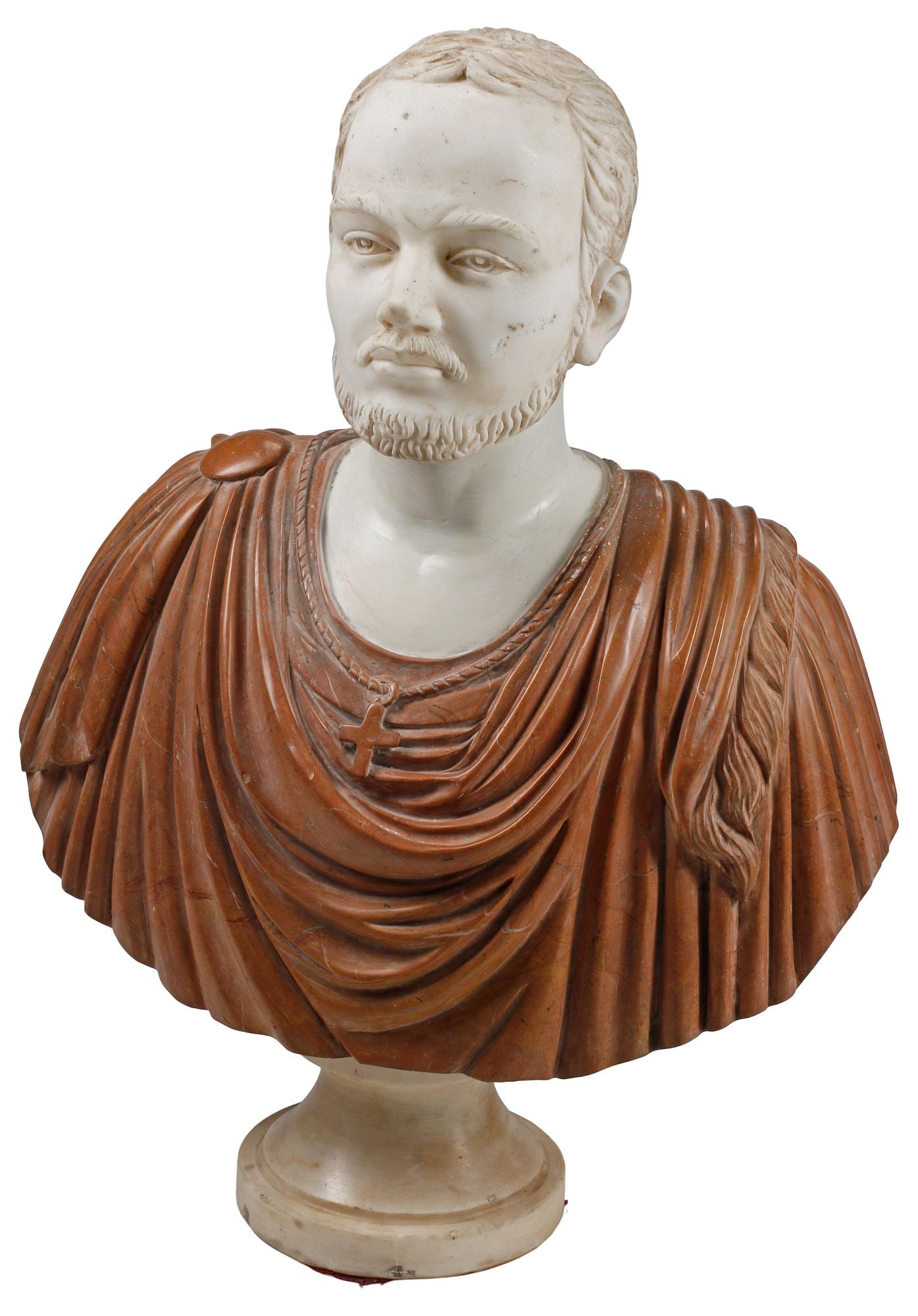 CARVED BI-COLOR MARBLE BUST OF A ROMAN, 32": Carved white and rouge marble sculpture, Bust of a Roman Dignitary, on socle, approx 32"h, 23"w, 11"d
