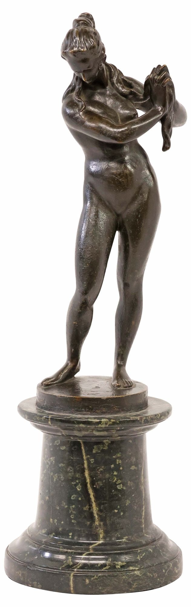 GRAND TOUR PATINATED BRONZE SCULPTURE, VENUS, ON JASPER BASE: Grand Tour patinated bronze sculpture, Venus, signed in cast K.F., on integral jasper socle, bronze: approx 11.75"h, 5.5"w, 3.5"d, overall: approx 17.25"h, 5.5"w, 5.5"d,