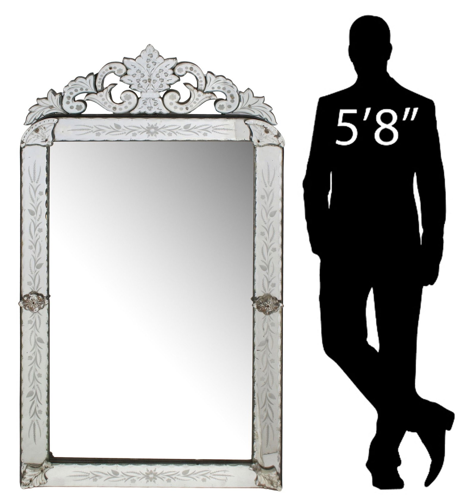 LARGE VENETIAN STYLE ETCHED GLASS FOLIATE WALL MIRROR, 64.5"H (1 of 7)