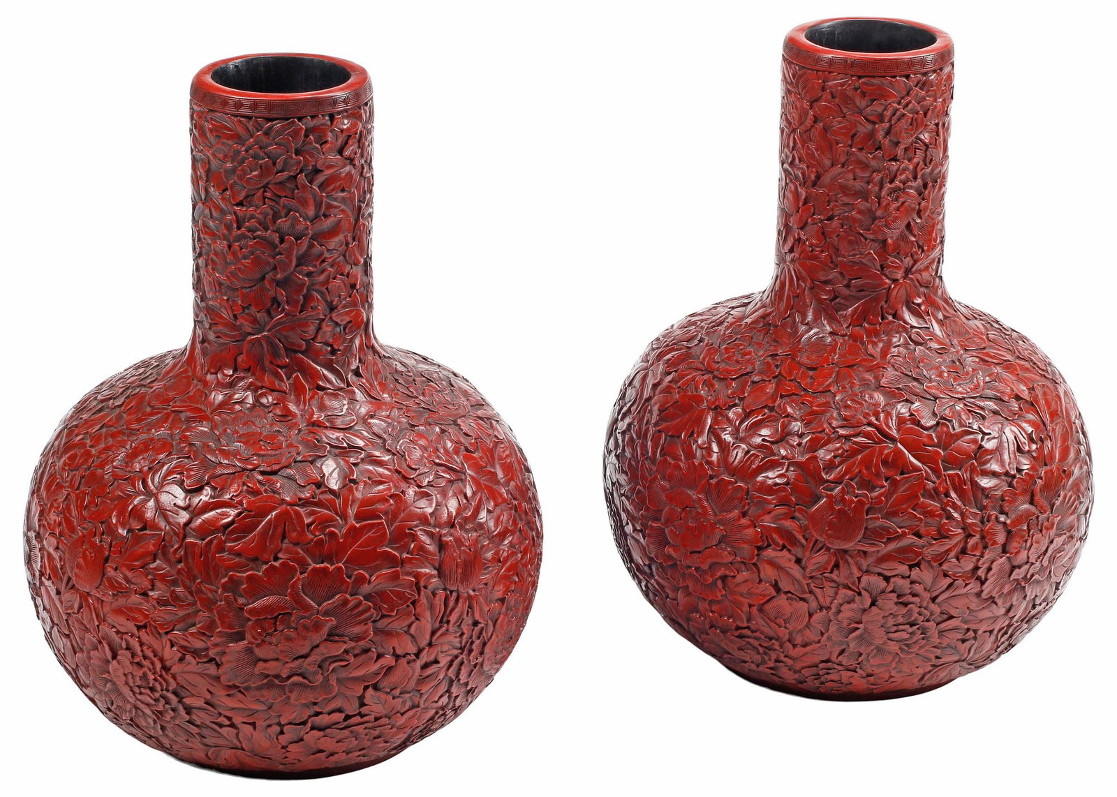(2) DECORATIVE CHINESE RED FLORAL & FOLIATE BOTTLE VASES: (pair) Chinese decorative red gooseneck vases, each decorated with dense ground flowering plants and foliage, six-character mark underfoot, likely resin, approx 23"h, 17"diam, 14.5lbs total