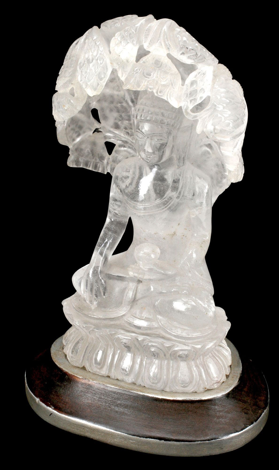 CARVED ROCK CRYSTAL SCULPTURE ON WOOD BASE, BUDDHA UNDER BODHI TREE (1 of 5)