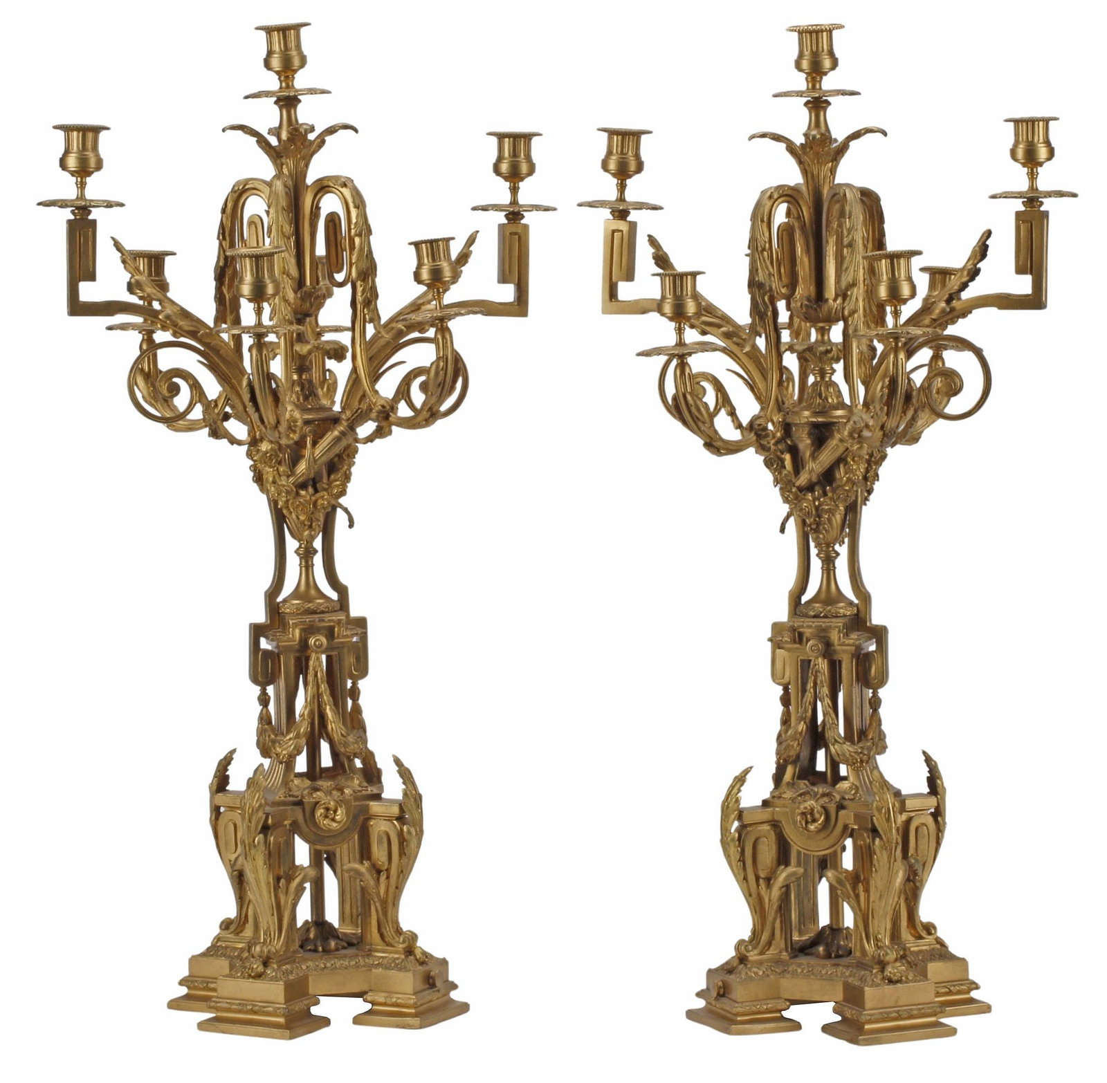 (2) LARGE FRENCH LOUIS XV STYLE ORMOLU 7-LIGHT CANDELABRA, 31"H: (pair) Large French Louis XV style bronze dore seven-light candelabra, 19th c., each having quadripartite standard issuing scrolling foliates and draped garlands, approx 31"h, 17"w, 12.5&quo