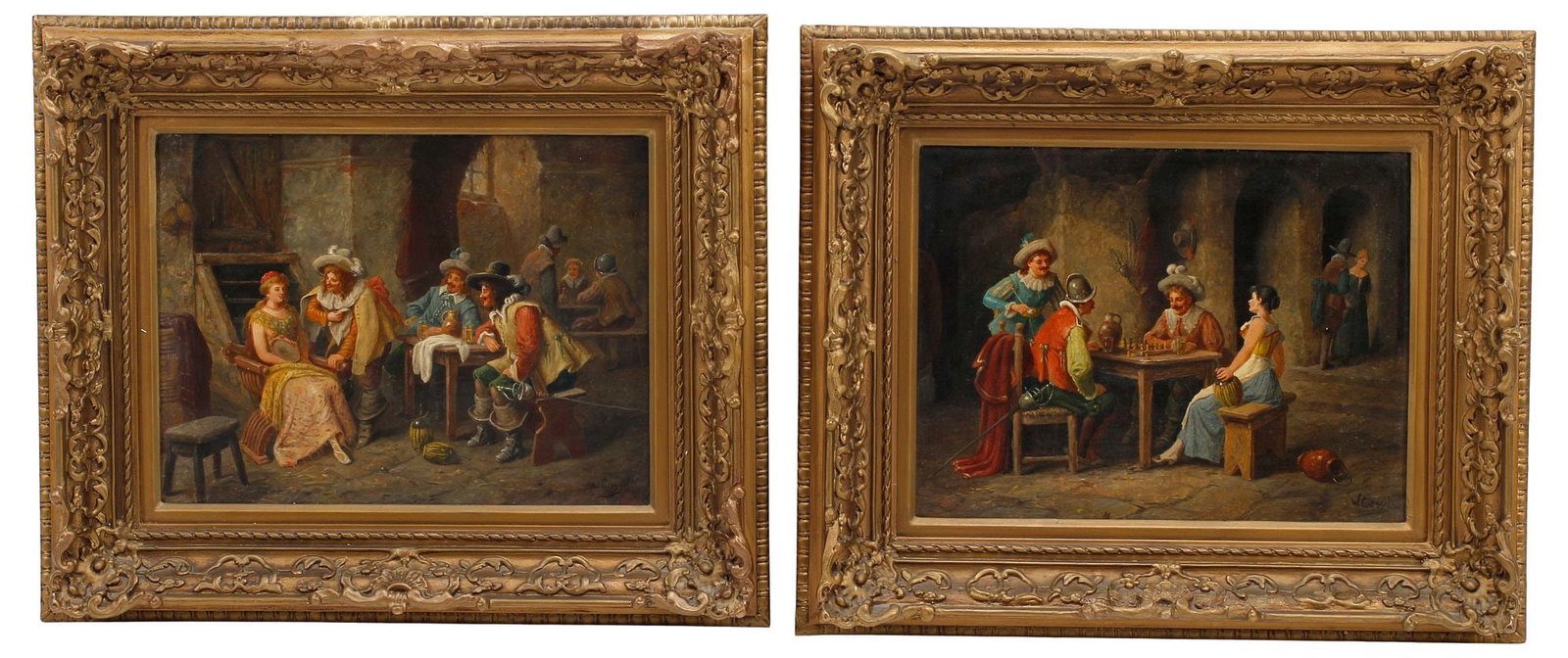 (2) WILHELM F. GIESSEL (AUSTRIAN, 1869-1938) INTERIOR GENRE PAINTINGS: (lot of 2) Framed oil on panel paintings, each signed lower right W. Giessel (Wilhelm Friedrich Giessel, Austrian, 1869-1938), including: (1) Peacetime, (1) Genre Scene with Chess Game in Tavern Inter