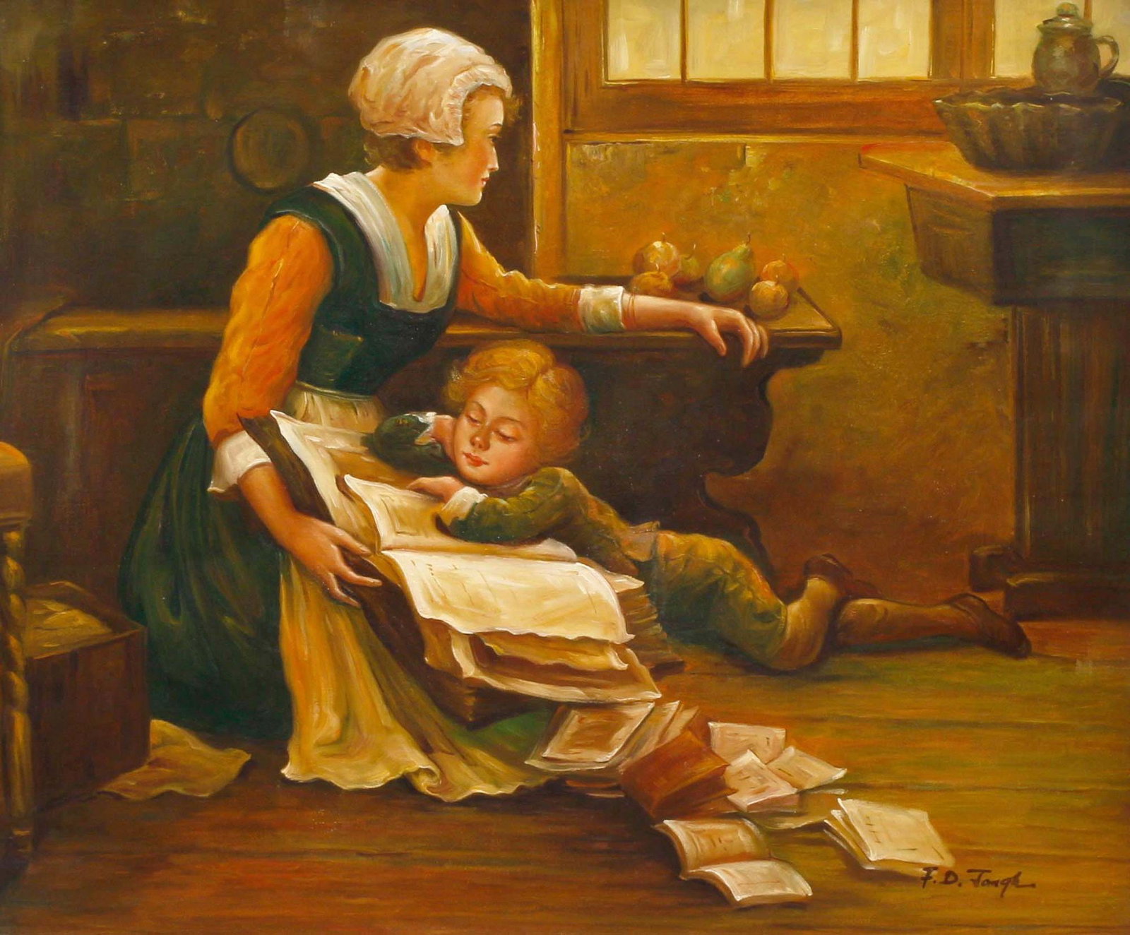 FRANCOIS DE JONGH (20TH C.) GENRE PAINTING, STORYTIME, 20" X 24" (1 of 7)