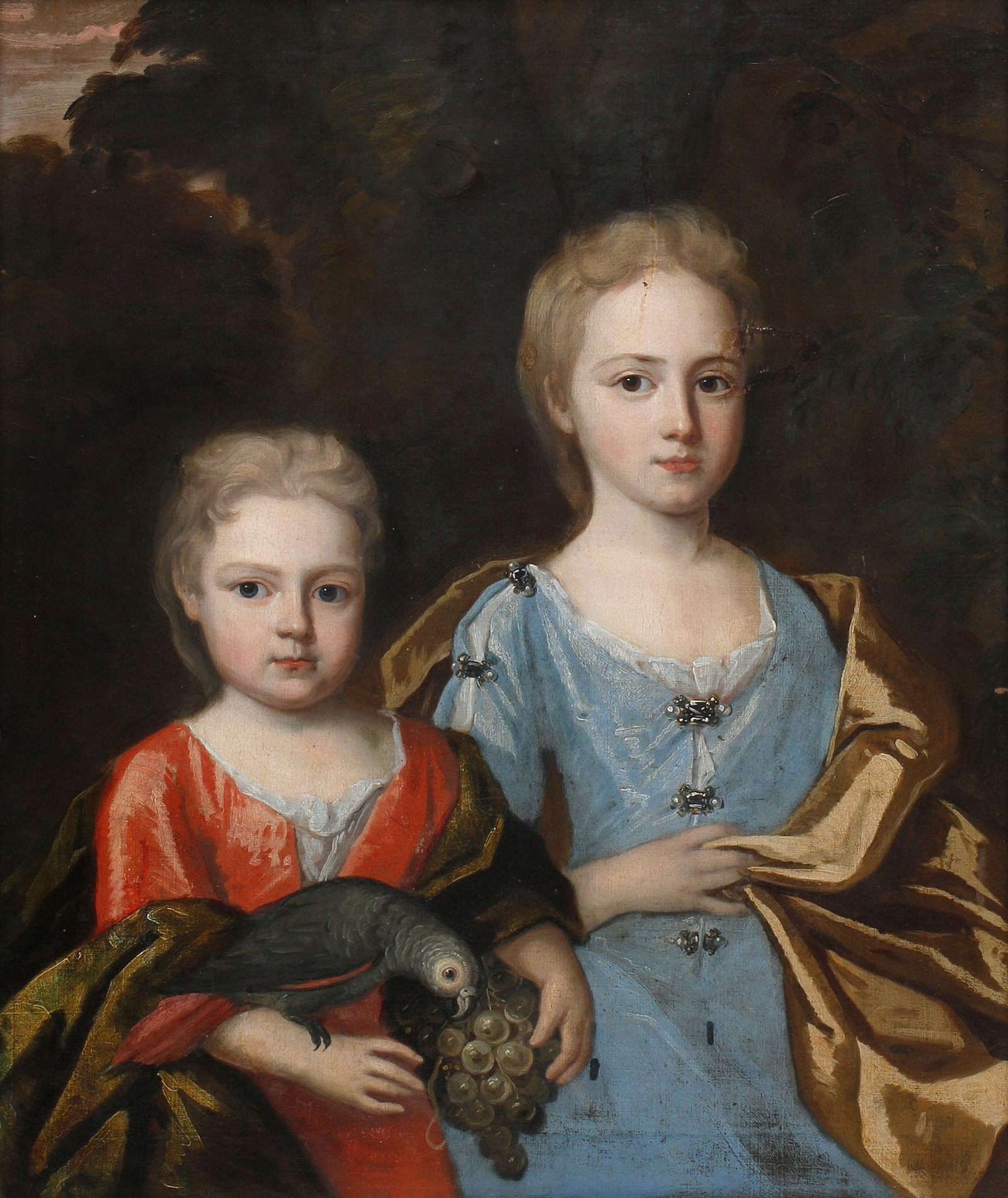 BRITISH SCHOOL (19TH C.) OIL PAINTING, PORTRAIT OF NOBLE CHILDREN: Framed oil on canvas painting, Two Young Girls with a Parrot, in the manner of James Maubert (Irish, 1666-1746), apparently unsigned, sight: approx 29.5"h, 24.5"w, overall: 40"h, 34.5"w, 11lbs