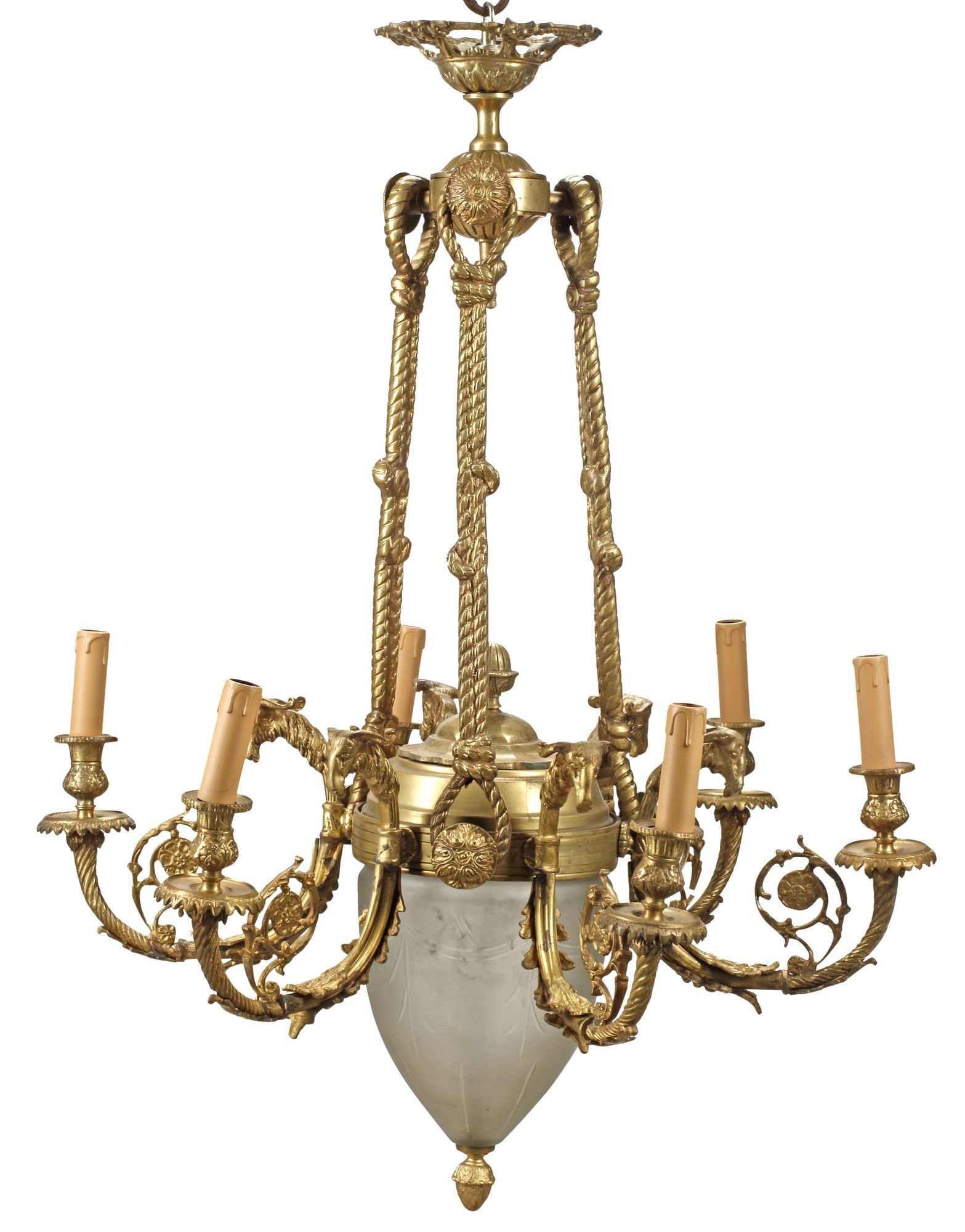 REGENCY STYLE ORMOLU & FROSTED GLASS 6-LIGHT CHANDELIER (1 of 6)
