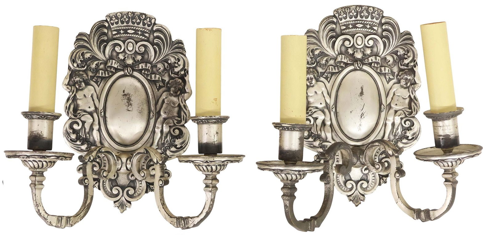 (2) STERLING BRONZE CO. SILVERED BRONZE PUTTO 2-LIGHT WALL SCONCES (1 of 4)