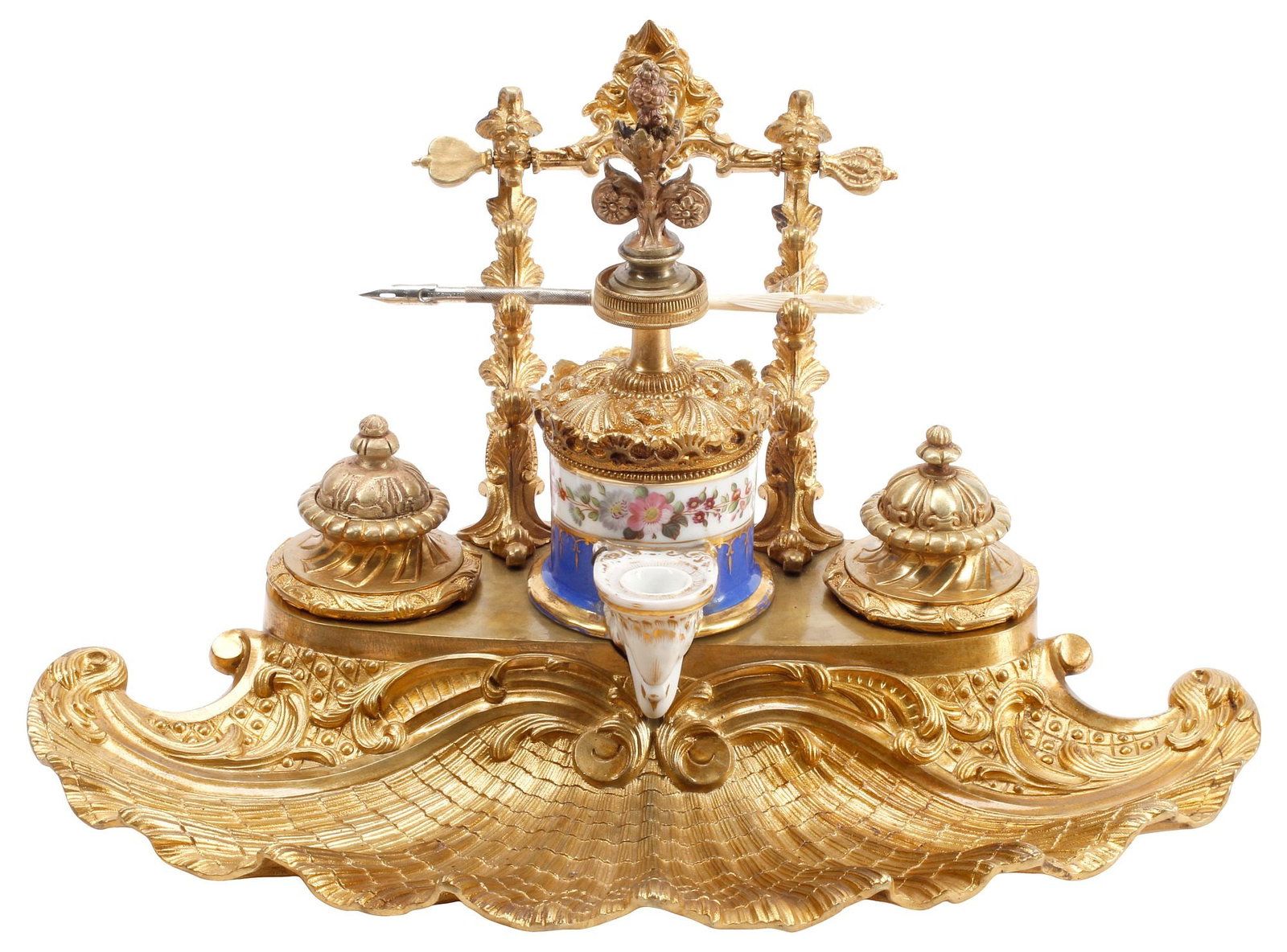 FRENCH ROCOCO STYLE ORMOLU & PORCELAIN DOUBLE-INKWELL DESK STAND (1 of 5)