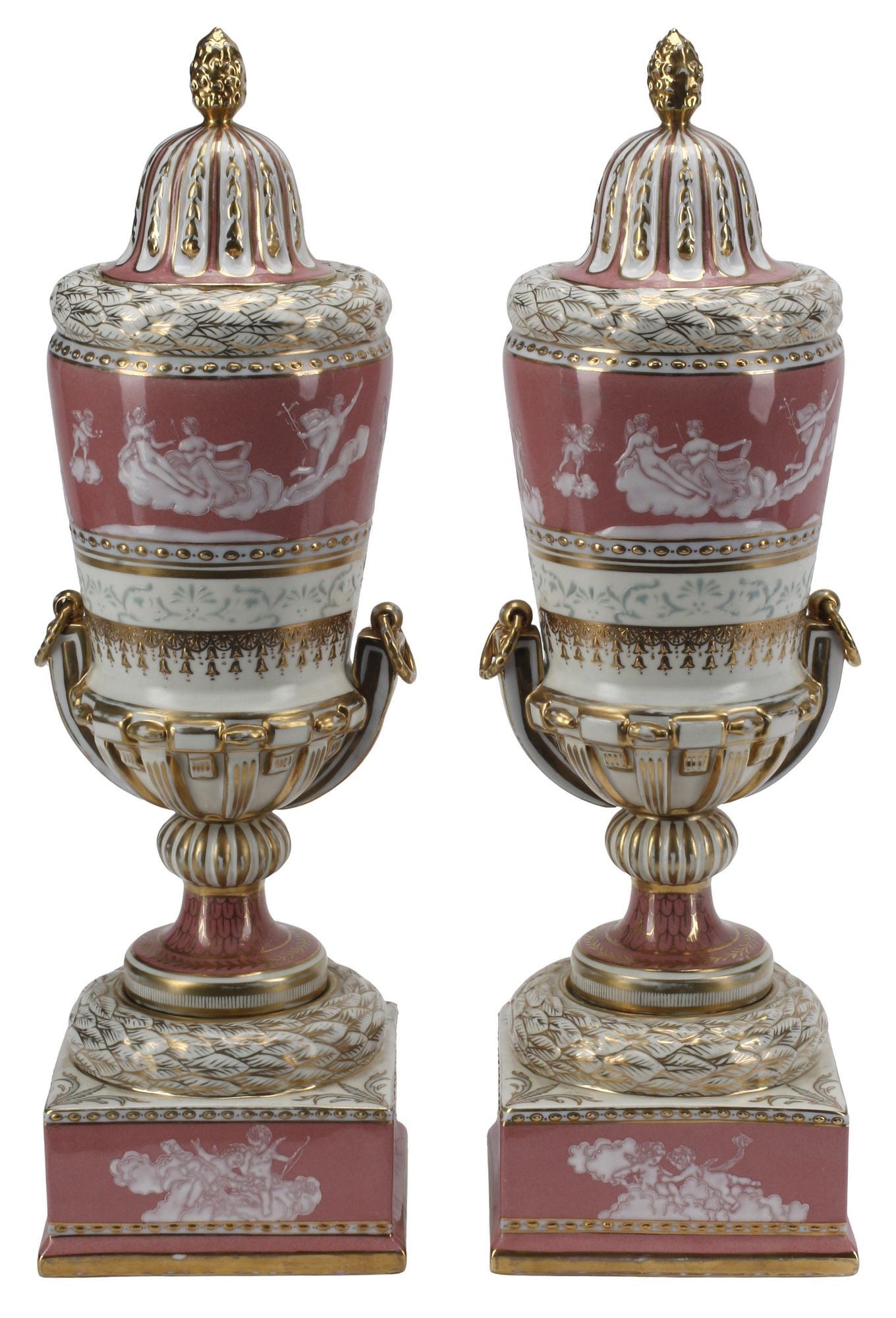 (2) MINTON-STYLE 'PATE-SUR-PATE' PORCELAIN VASES, COVERS & STANDS, 22"H (1 of 7)