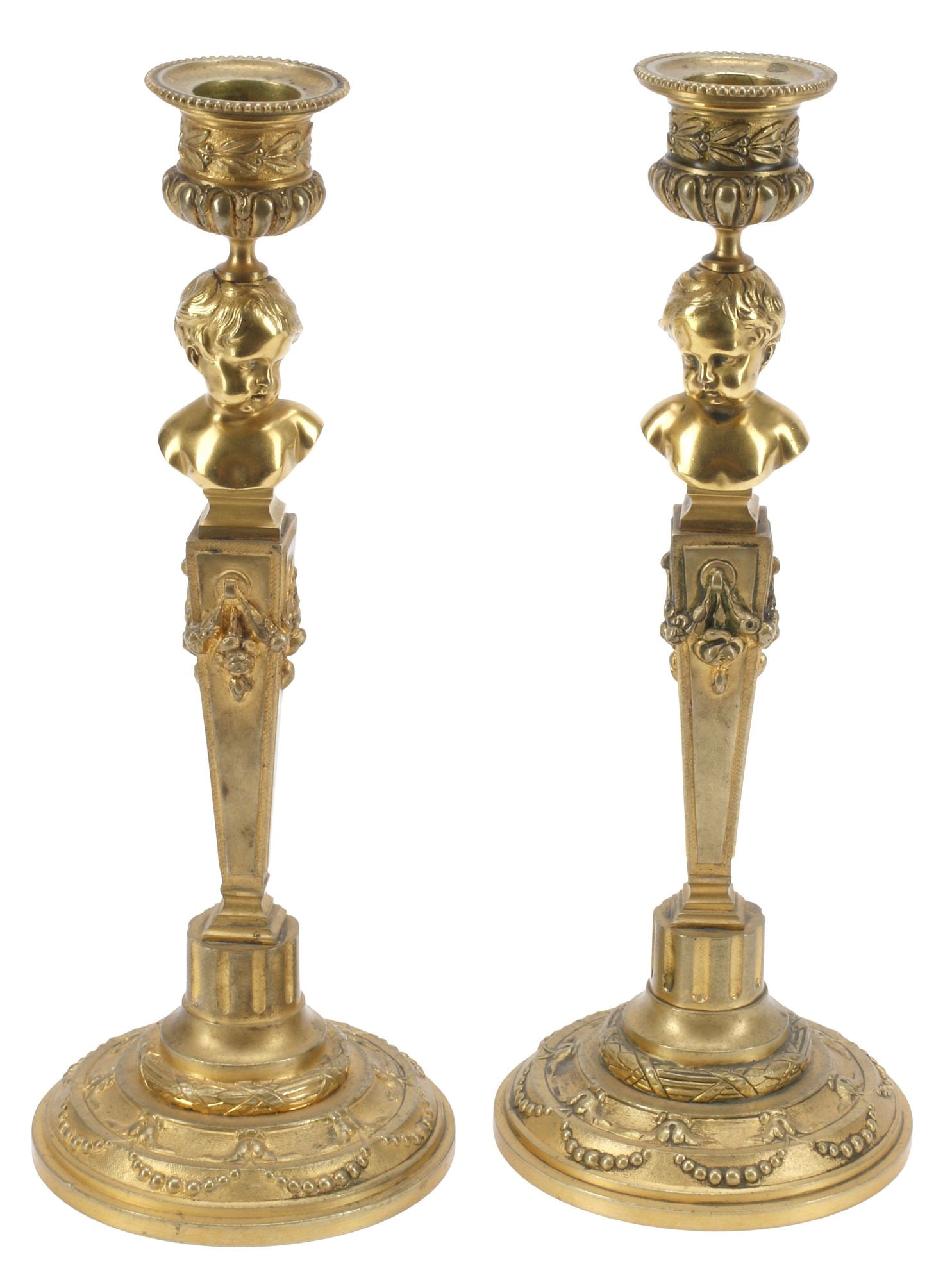 (2) FRENCH NEOCLASSICAL STYLE ORMOLU FIGURAL BUST CANDLESTICKS (1 of 5)