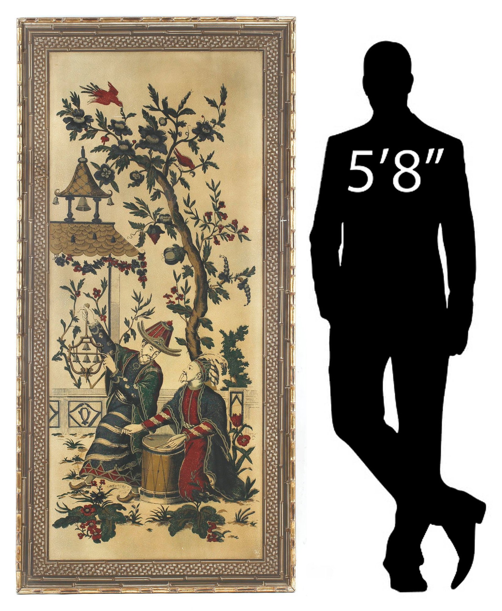 CHINOISERIE FAUX BAMBOO-FRAMED WALL PANEL, MUSICIANS IN COURTYARD (1 of 6)