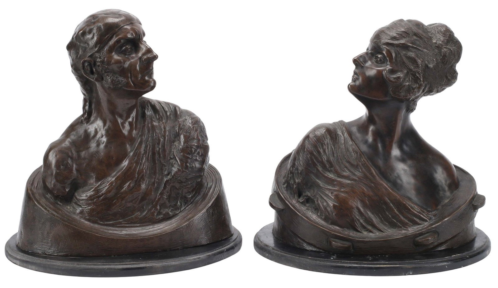 (2) AFTER MAX HARDL THE YOUNGER PATINATED BRONZE MALE & FEMALE BUSTS: (lot of 2) Patinated bronze sculptures, Male and Female Busts, singed in cast Drah (Max Hardl the Younger, Austrian, 19th c.), each oval plinth, slightly varied sizes, largest overall: approx 15"