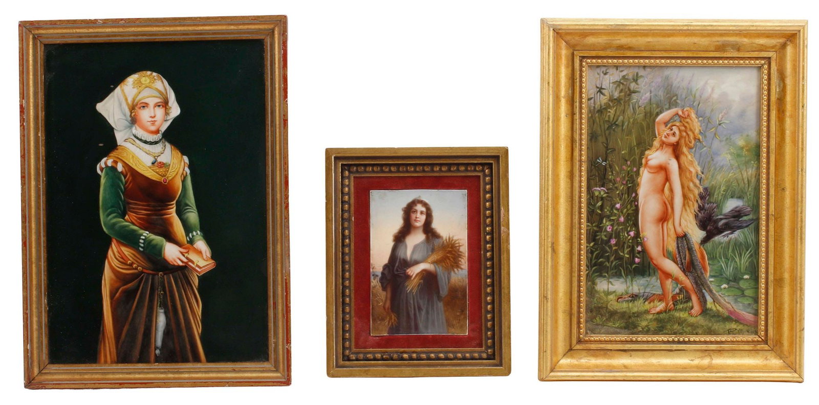 (3) KPM STYLE PAINTED PORCELAIN PLAQUES, FEMALE PORTRAITS & WATER NYMPH (1 of 9)