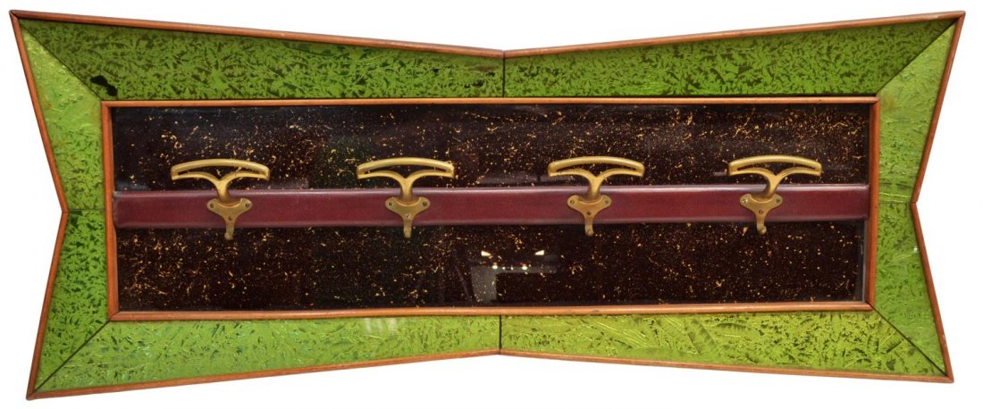 ITALIAN MID-CENTURY MODERN FOILED HAT RACK: Italian mid-century modern hat rack, c. 1950's/60's, of geometric star form with a foliated foil ground, four metal hooks mounted on leather back, some losses to foil as pictured, 21"h, 51.25"w Start 