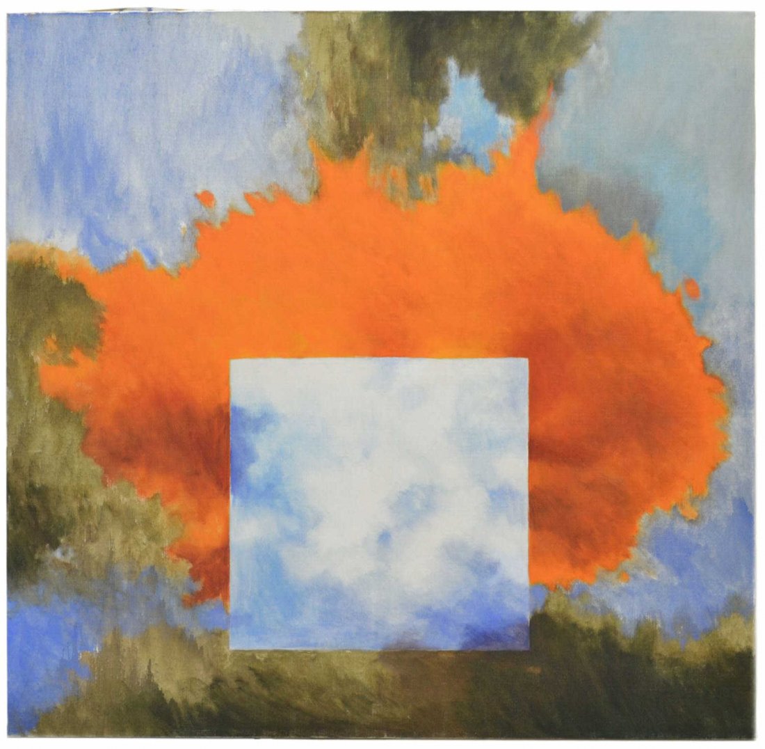 MODERN PAINTING ON CANVAS, SUN BURST, VERA SIMONS: Unframed painting on canvas, Sun Burst Emulating from a Square, by Vera Simons (Vera Habrecht Simons, German/ American, 1920-2012), unsigned, 50"h, 50"w, 6.25lbs **Provenance: Vera Habrecht Simons (Ge