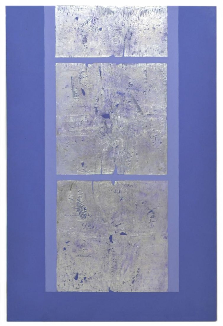 MIXED MEDIA PAINTING ON CANVAS, VERA SIMONS: Unframed mixed media painting on canvas, purple hues with silver foil overlay, by Vera Simons, (Vera Habrecht Simons, German/ American, 1920-2012), unsigned, 60"h, 40"w, 8.75lbs **Provenance: Vera Hab