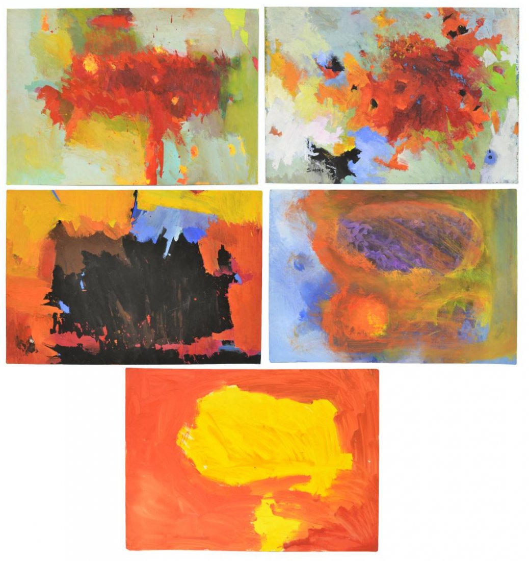 (5) VIBRANT ABSTRACT PAINTINGS, VERA SIMONS: (lot of 5) Unframed paintings on board, vibrant polychrome abstracts, c. 1980's, by Vera Simons (Vera Habrecht Simons, German/ American, 1920-2012), one signed lower left Simons, overall wear/loss, la