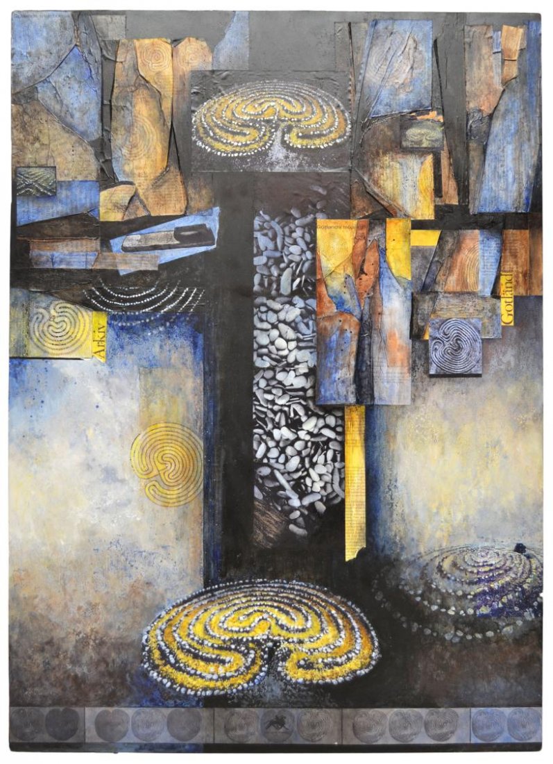 MIXED MEDIA COLLAGE, LABYRINTH SERIES, VERA SIMONS: Unframed painting and mixed media collage on artist board, from the Labyrinth Series, with specific focus on Gotlant labyrinths, by Vera Simons (Vera Habrecht Simons, German/ American, 1920-2012), uns