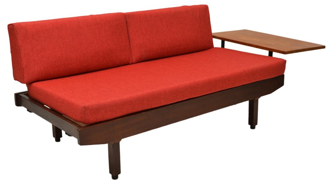 ITALIAN MID-CENTURY MODERN SOFA DAY BED: Italian mid-century modern sofa or day bed, c. 1960, two back cushions held by steel supports on the walnut frame, a single long cushion set on wood slat supports, at one end a detachable table top (m