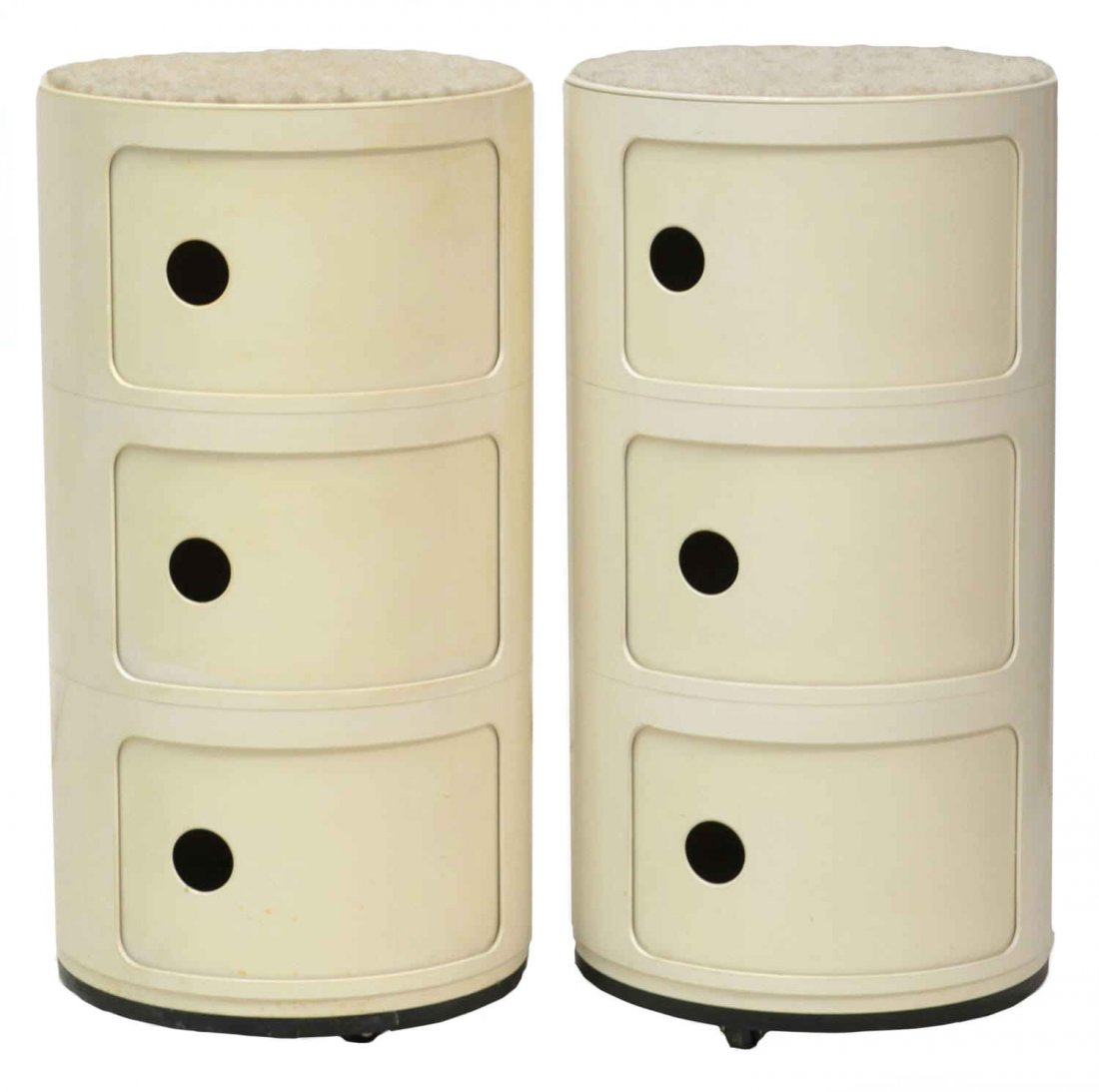 ITALIAN ANNA CASTELLI FOR KARTELL ROLLING CABINETS: (pair) Italian designer cream plastic cabinets, Anna Castelli (Anna Castelli Ferrieri, 1918-2006) for Kartell, three sliding doors with open circular handles, carpet top, moving on wheels, numbered 49
