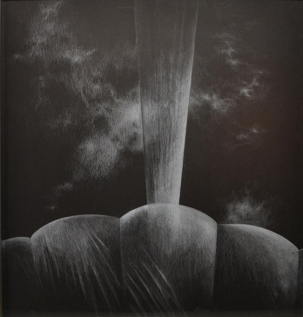 MODERN DRAWING, BALLOON INFLATION, VERA SIMONS: Framed pencil drawing on black paper, "Balloon Inflation", signed and dated bottom right Simons 79 (Vera Habrecht Simons, German/ American, 1920-2012), retaining gallery tags, sight: 29.5"h, 27.5"w, o