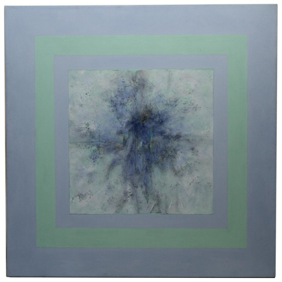 LARGE PAINTING ON CANVAS, FLOAT, VERA SIMONS: Unframed mixed media painting on canvas, "Float", by Vera Simons (Vera Habrecht Simons, German/ American, 1920-2012), signed, titled and dated 79 verso, retaining old gallery tag, 68.5"h, 68.5"w, 15.7