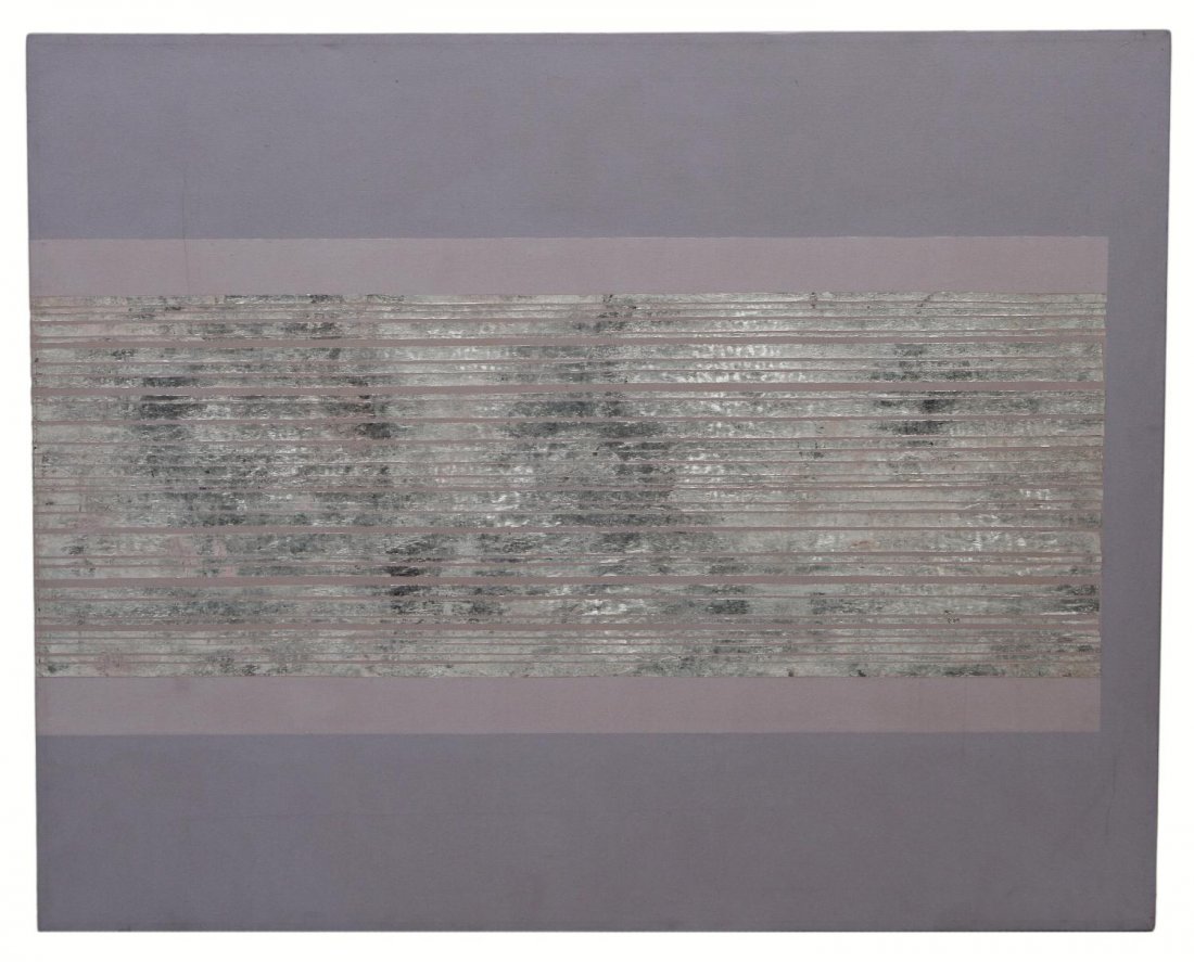 PAINTING ON CANVAS, ALOFT DOWN, VERA SIMONS: Unframed mixed media painting on canvas, "Aloft Down", board covering verso of canvas, by Vera Simons (Vera Habrecht Simons, German/ American, 1920-2012), signed, titled, and dated '82 verso, 50"h, 40