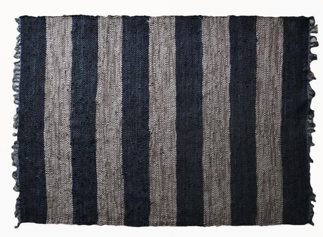 LEATHER RAG RUG: Leather rag rug, alternating tones of blacks and greys, 7"l, 4'8"w (inclusive of fringe), 11lbs Start Price: $100.00
